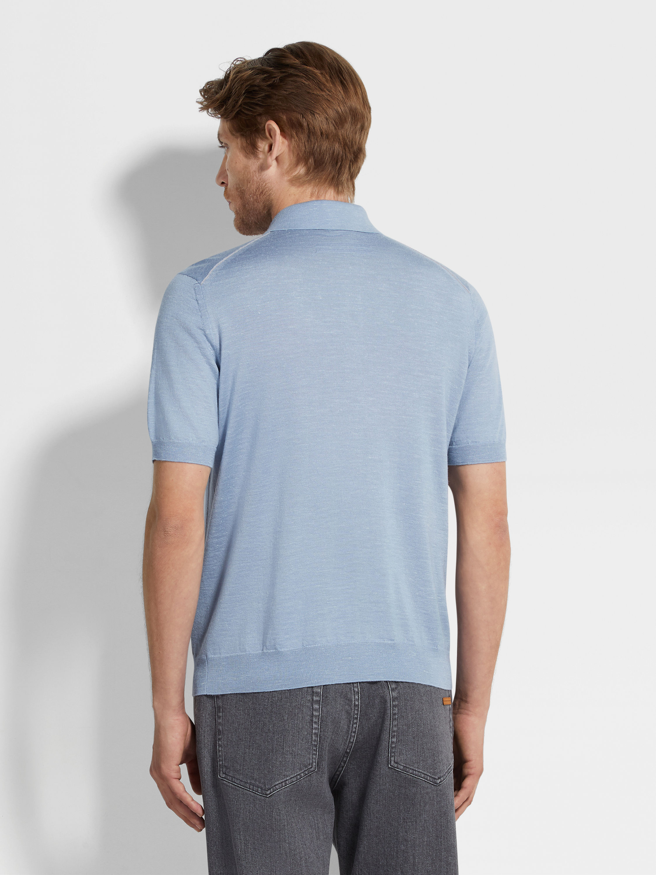 Light Blue Mélange Silk Cashmere and Linen Polo Shirt Product detail photo #4
