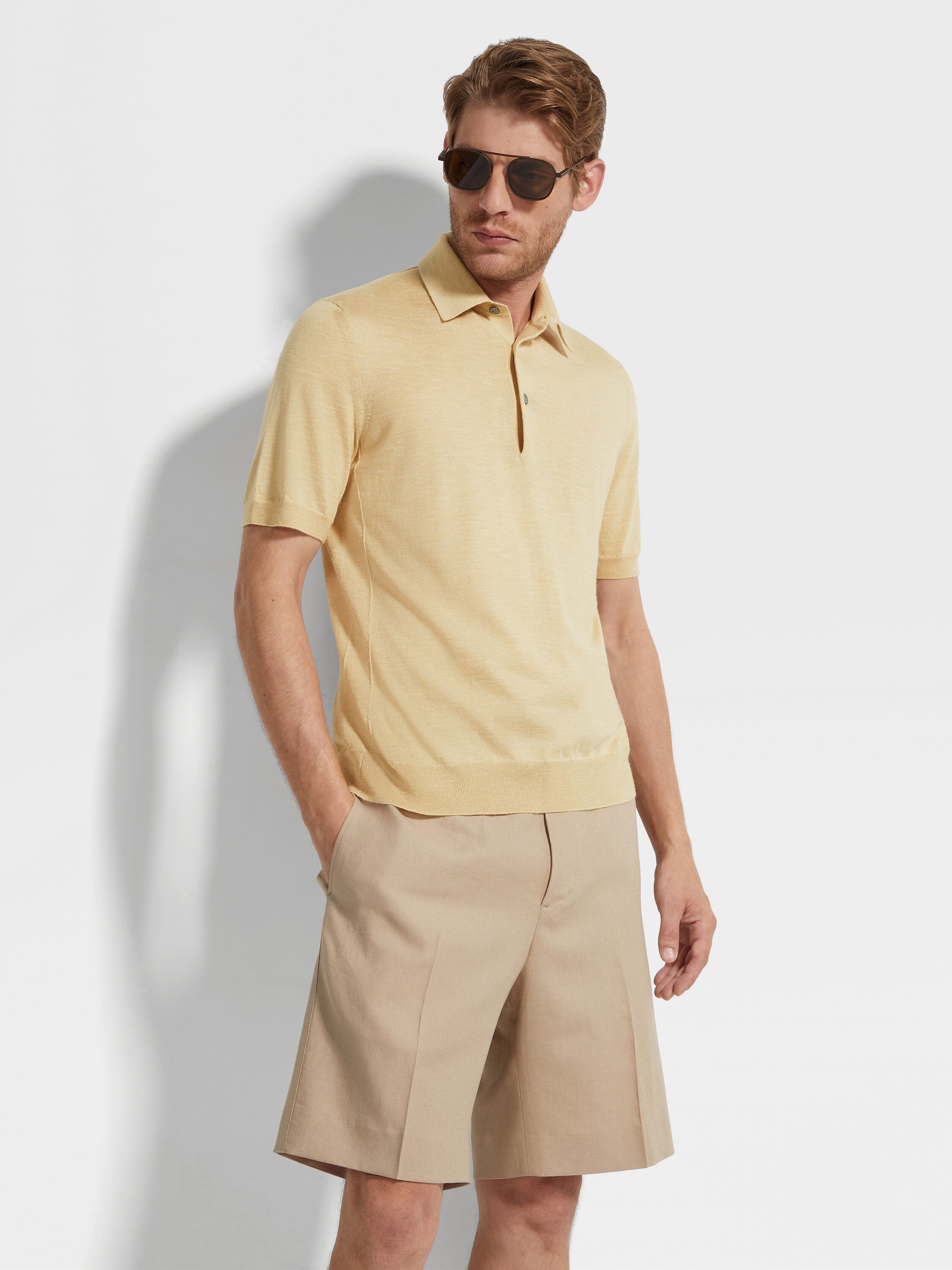 Pastel Yellow Mélange Silk Cashmere and Linen Polo Shirt Product detail photo #2