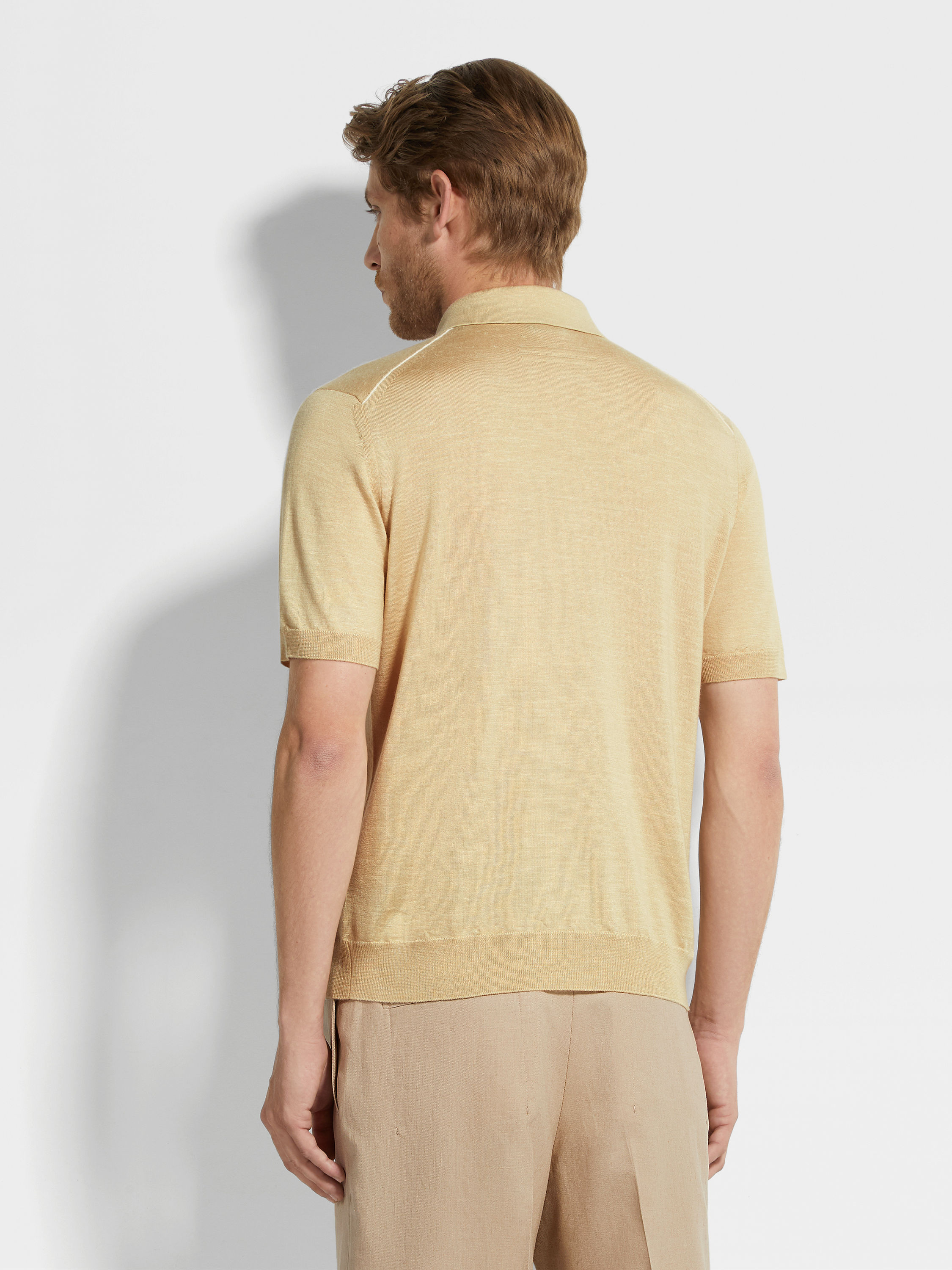 Pastel Yellow Mélange Silk Cashmere and Linen Polo Shirt Product detail photo #4