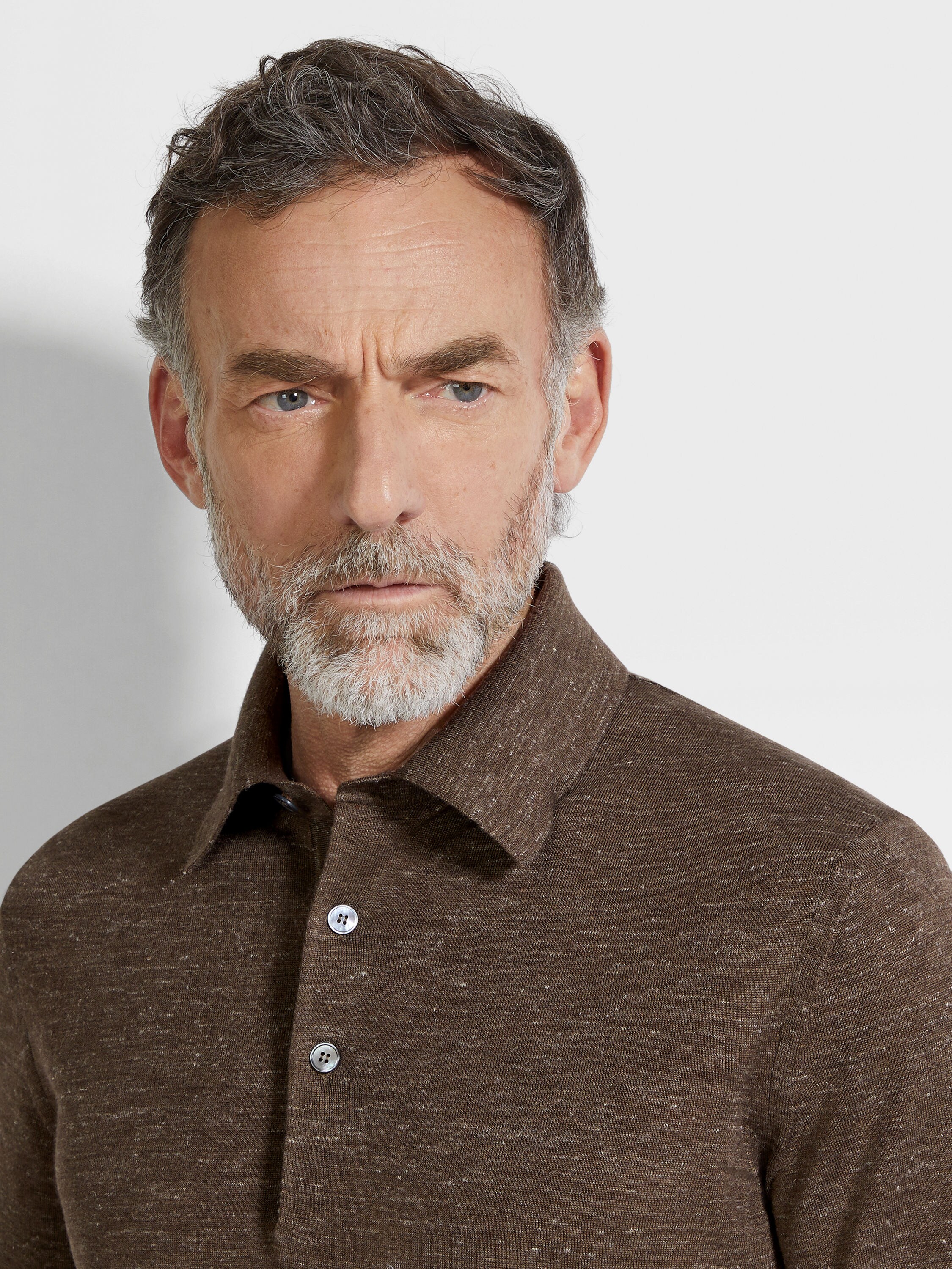 Brown Mélange Silk Cashmere and Linen Polo Shirt Product detail photo #1