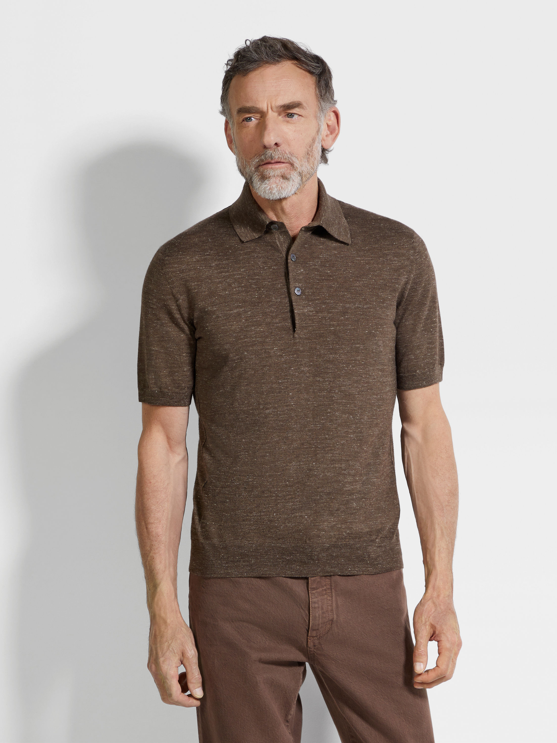 Brown Mélange Silk Cashmere and Linen Polo Shirt Product detail photo #3
