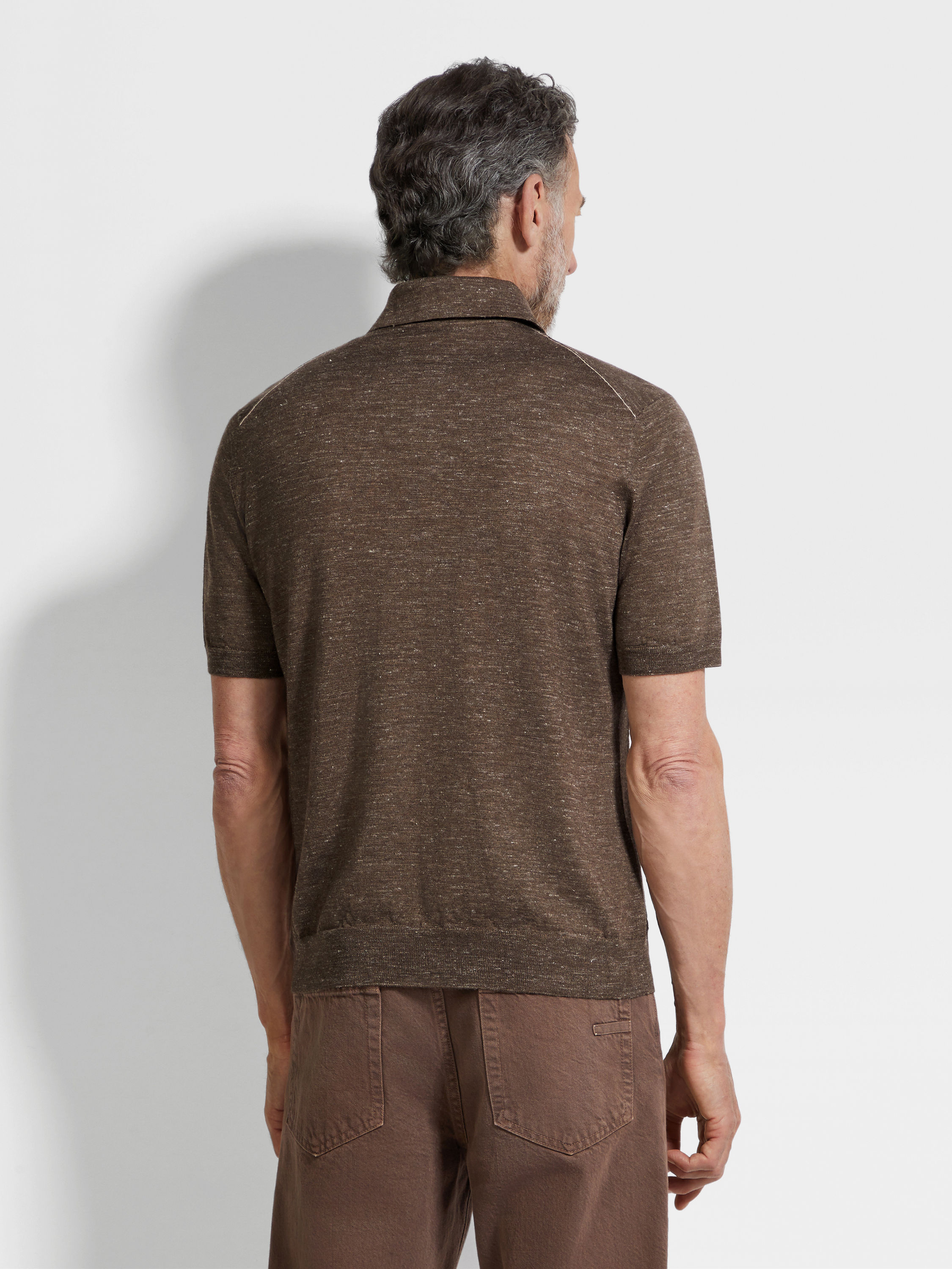 Brown Mélange Silk Cashmere and Linen Polo Shirt Product detail photo #4