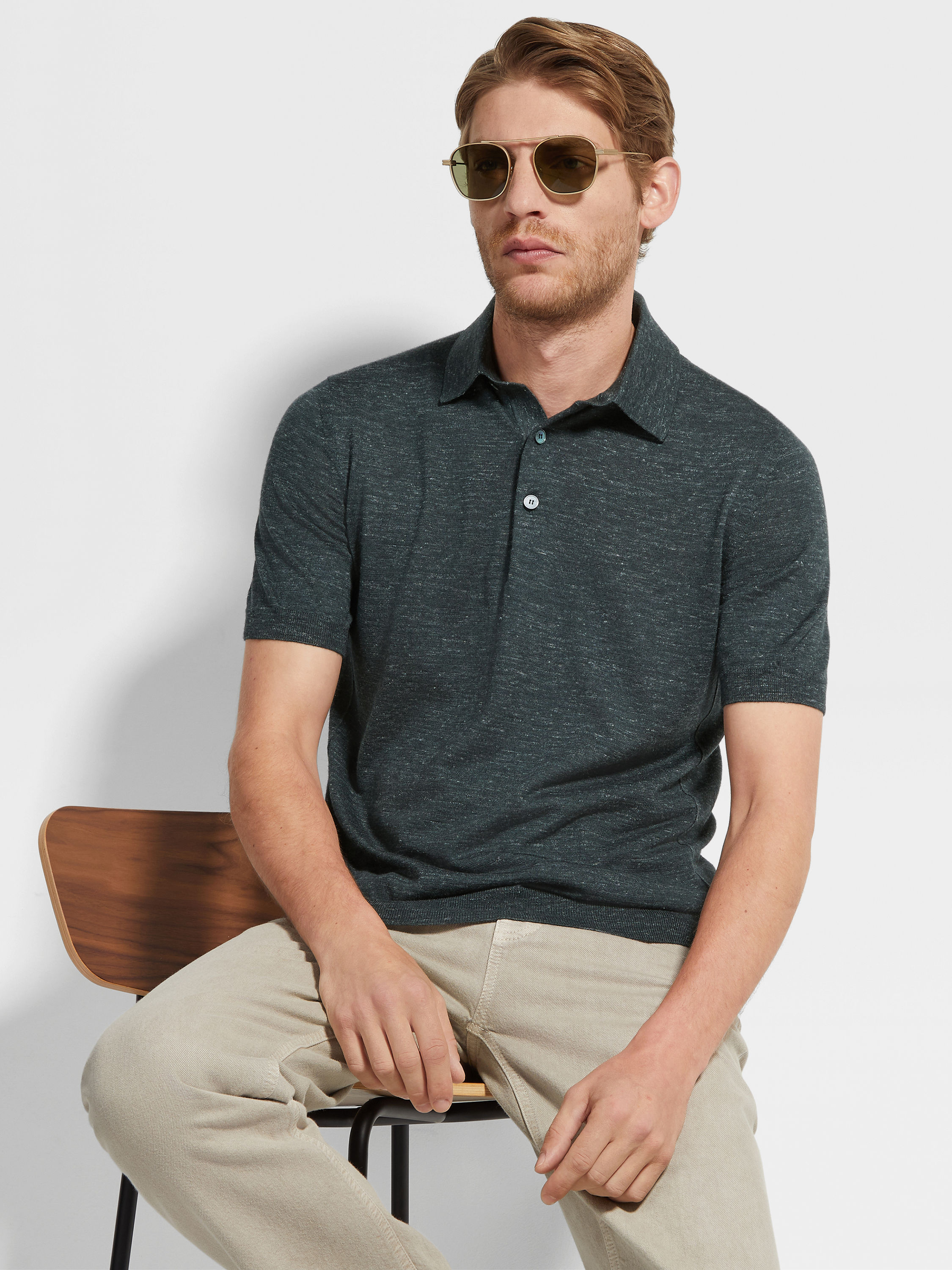 Dark Green Mélange Silk Cashmere and Linen Polo Shirt Product detail photo #2