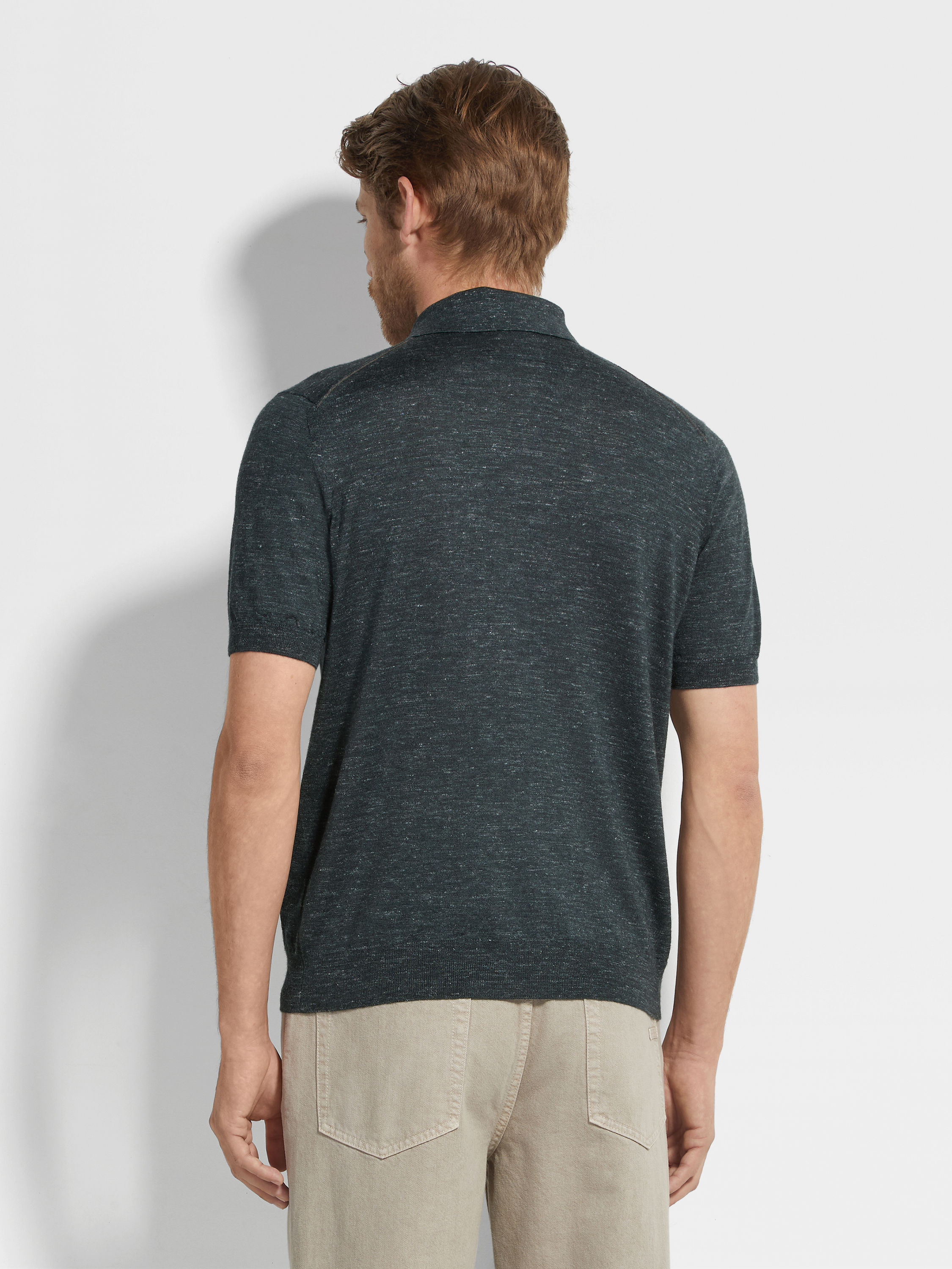 Dark Green Mélange Silk Cashmere and Linen Polo Shirt Product detail photo #4