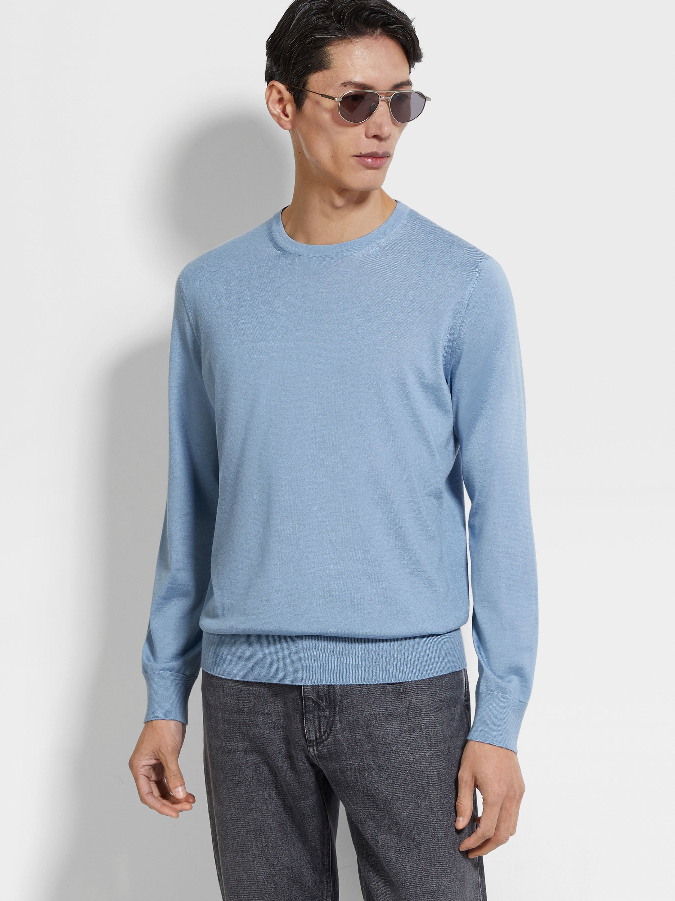 Light Blue Mélange Cashseta Crewneck Product detail photo #2