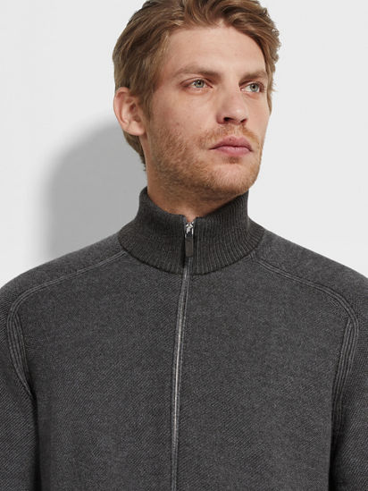 Grey and Dark Brown Cashseta Full Zip Cardigan FW25 35537814