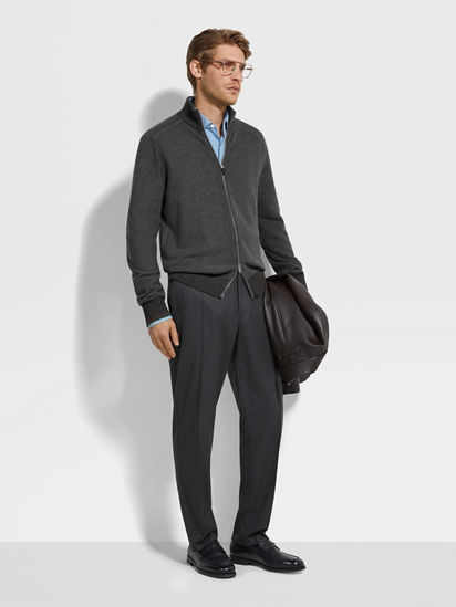 Grey and Dark Brown Cashseta Full Zip Cardigan FW25 35537814