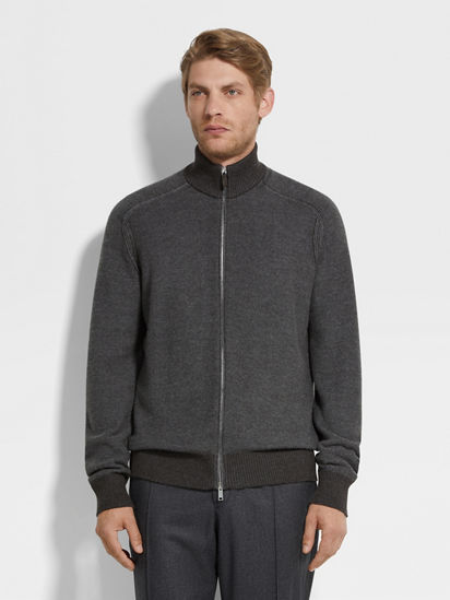 Grey and Dark Brown Cashseta Full Zip Cardigan FW25 35537814