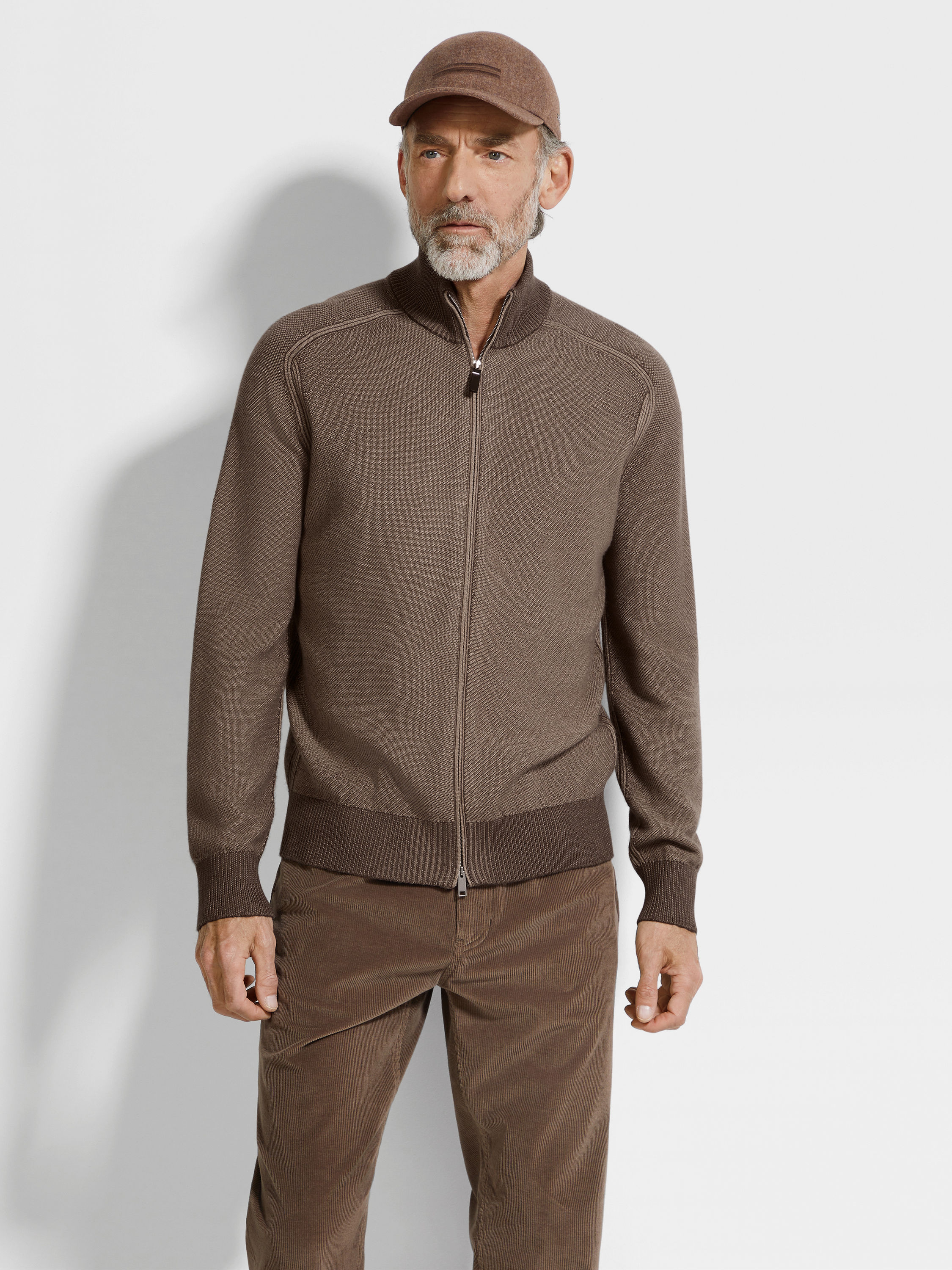 Cardigan con Zip Intera in Cashseta Marrone e Tortora Chiaro Foto #2 di dettaglio del prodotto