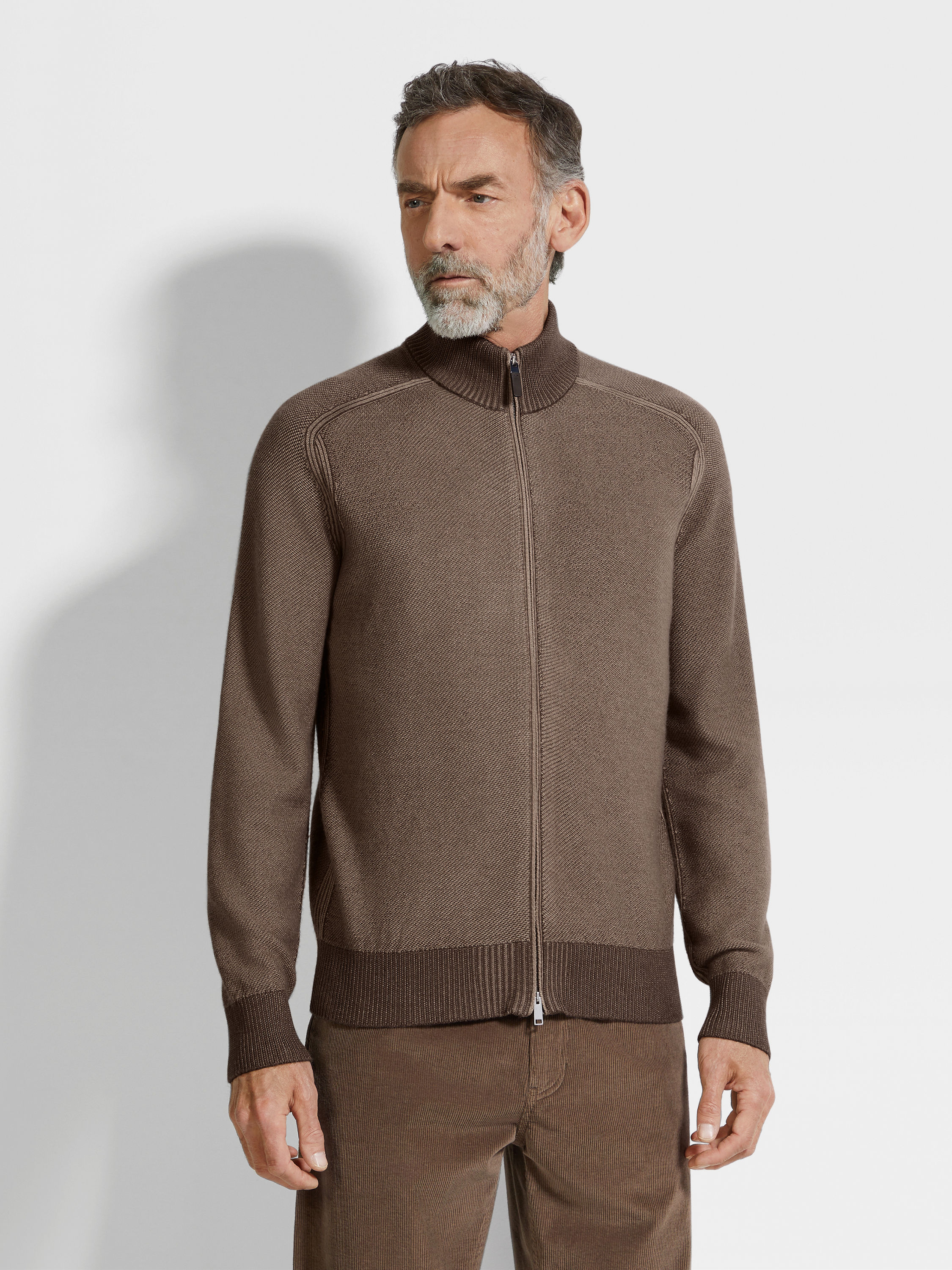 Cardigan con Zip Intera in Cashseta Marrone e Tortora Chiaro Foto #3 di dettaglio del prodotto