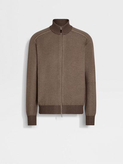 Brown and Light Taupe Cashseta Full Zip Cardigan