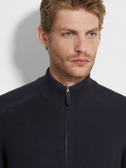 Navy Blue Mélange Cashseta Full Zip Cardigan SS26 35532701 | Zegna ROW