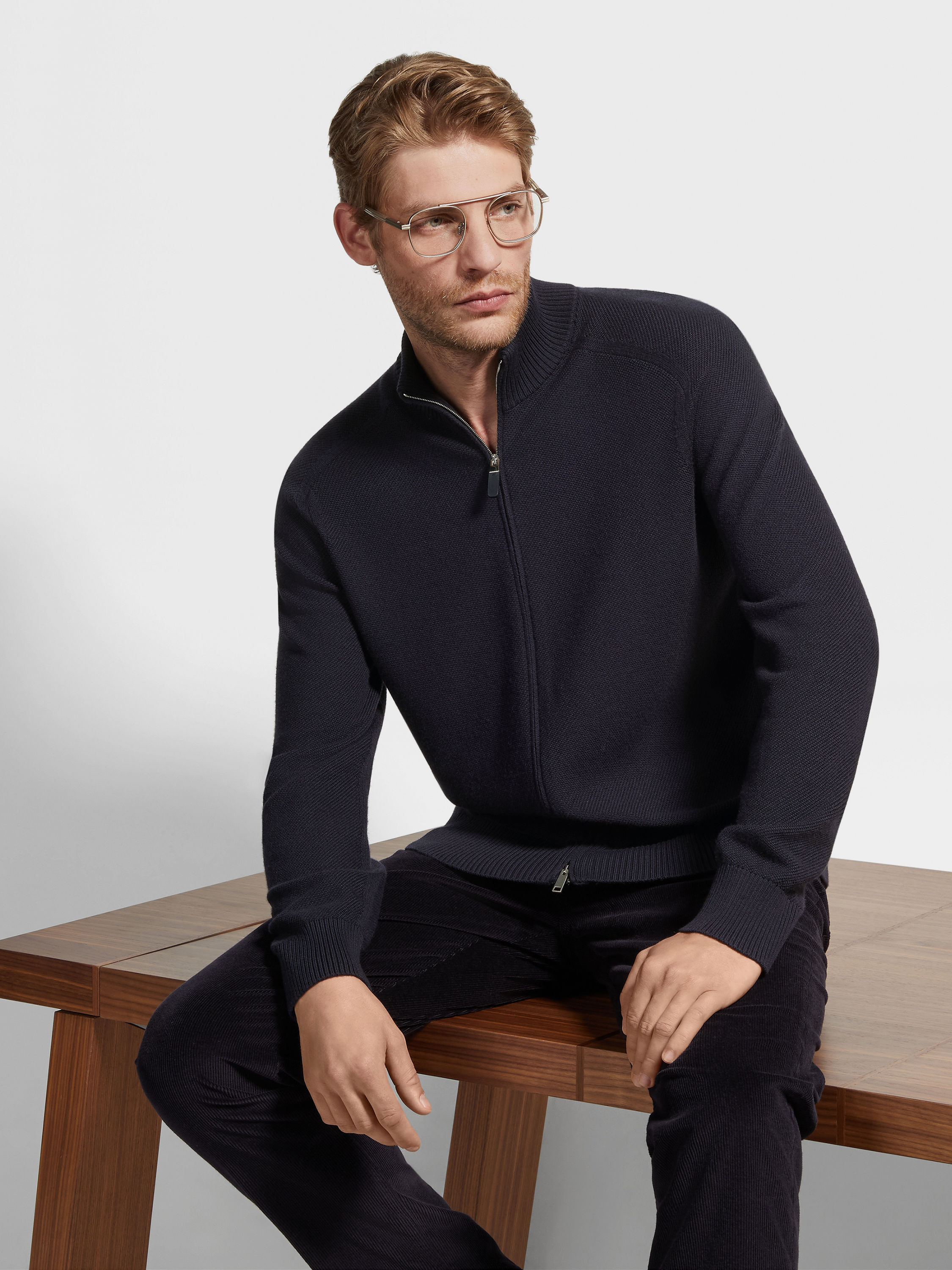 ネイビーブルーメランジュ Cashsetaフルジップカーディガン 製品詳細写真 #2