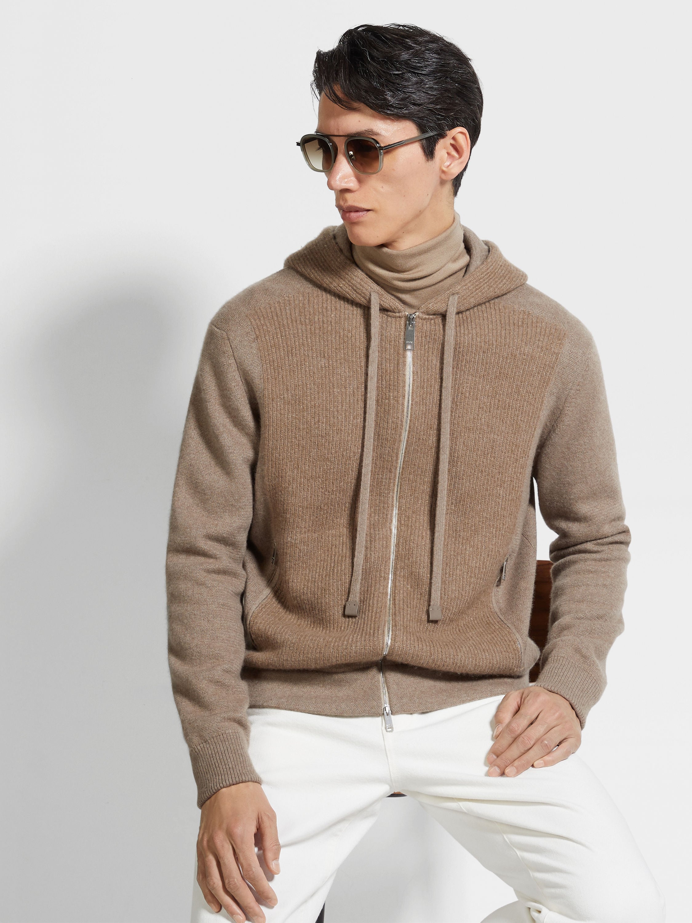 Light Taupe Mélange Oasi Cashmere Full Zip Hoodie Product detail photo #2