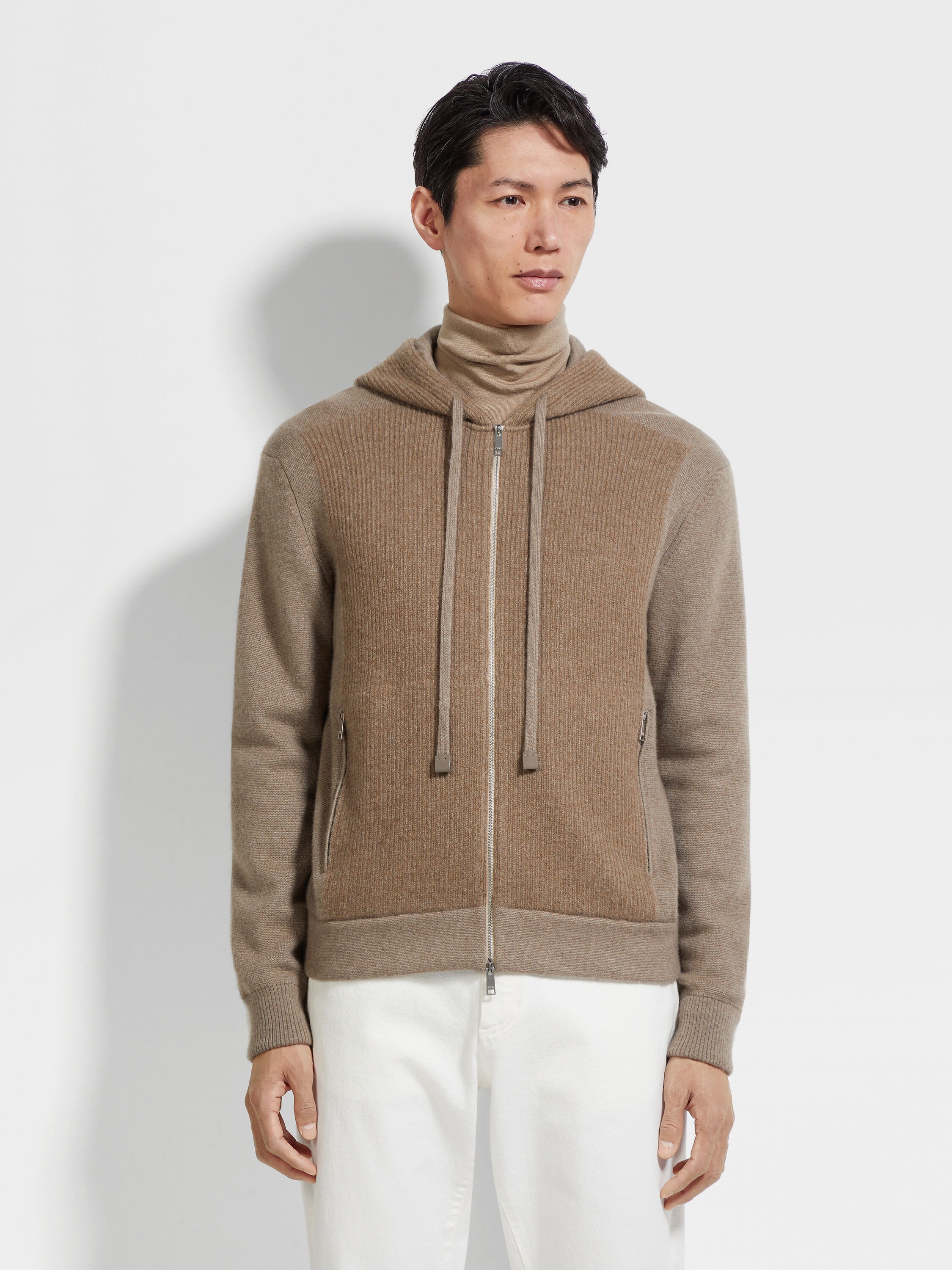 Light Taupe Mélange Oasi Cashmere Full Zip Hoodie Product detail photo #3