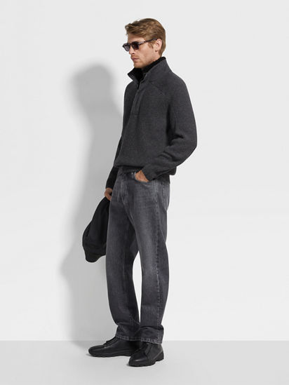 Dark Grey Mélange Oasi Cashmere Zip Mock Neck Sweater FW25