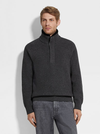 Dark Grey Mélange Oasi Cashmere Zip Mock Neck Sweater FW25