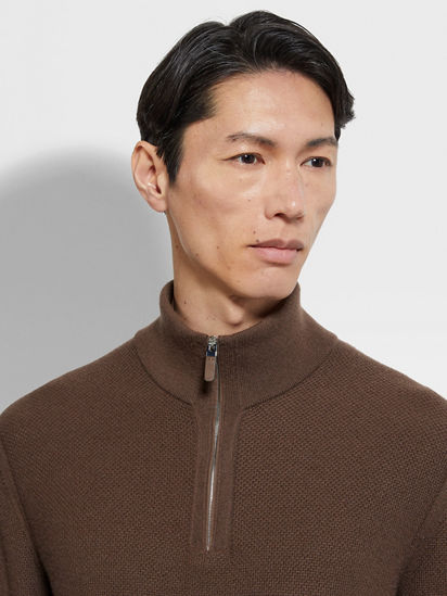 Brown Oasi Cashmere Zip Mock Neck FW25 35562644 | Zegna US