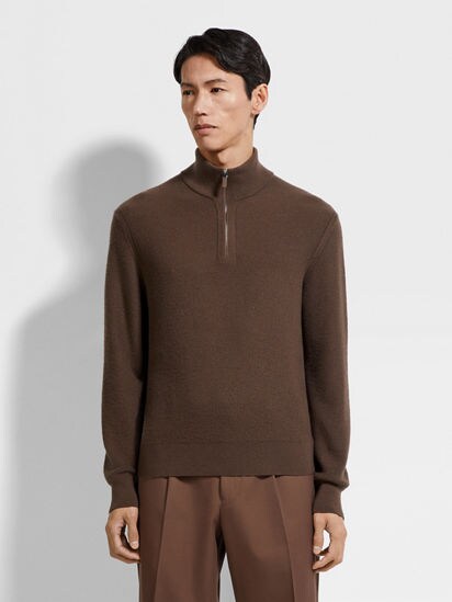 ☆maron☆！ Brown Oasi Cashmere Zip Mock Neck FW25 35562644 | Zegna US
