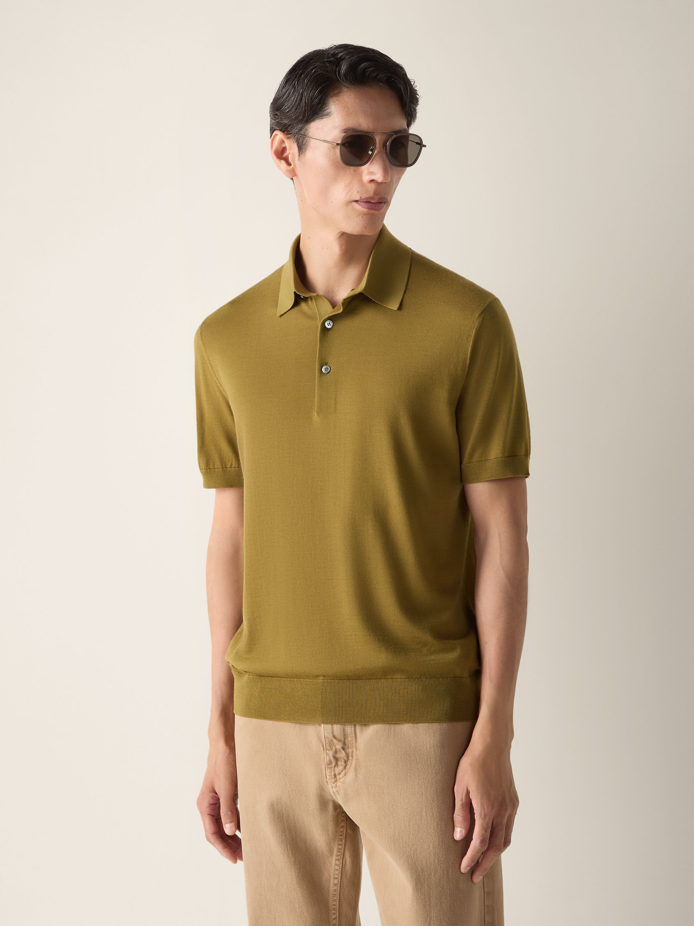 Olive Green Wool Polo Shirt Product detail photo #2