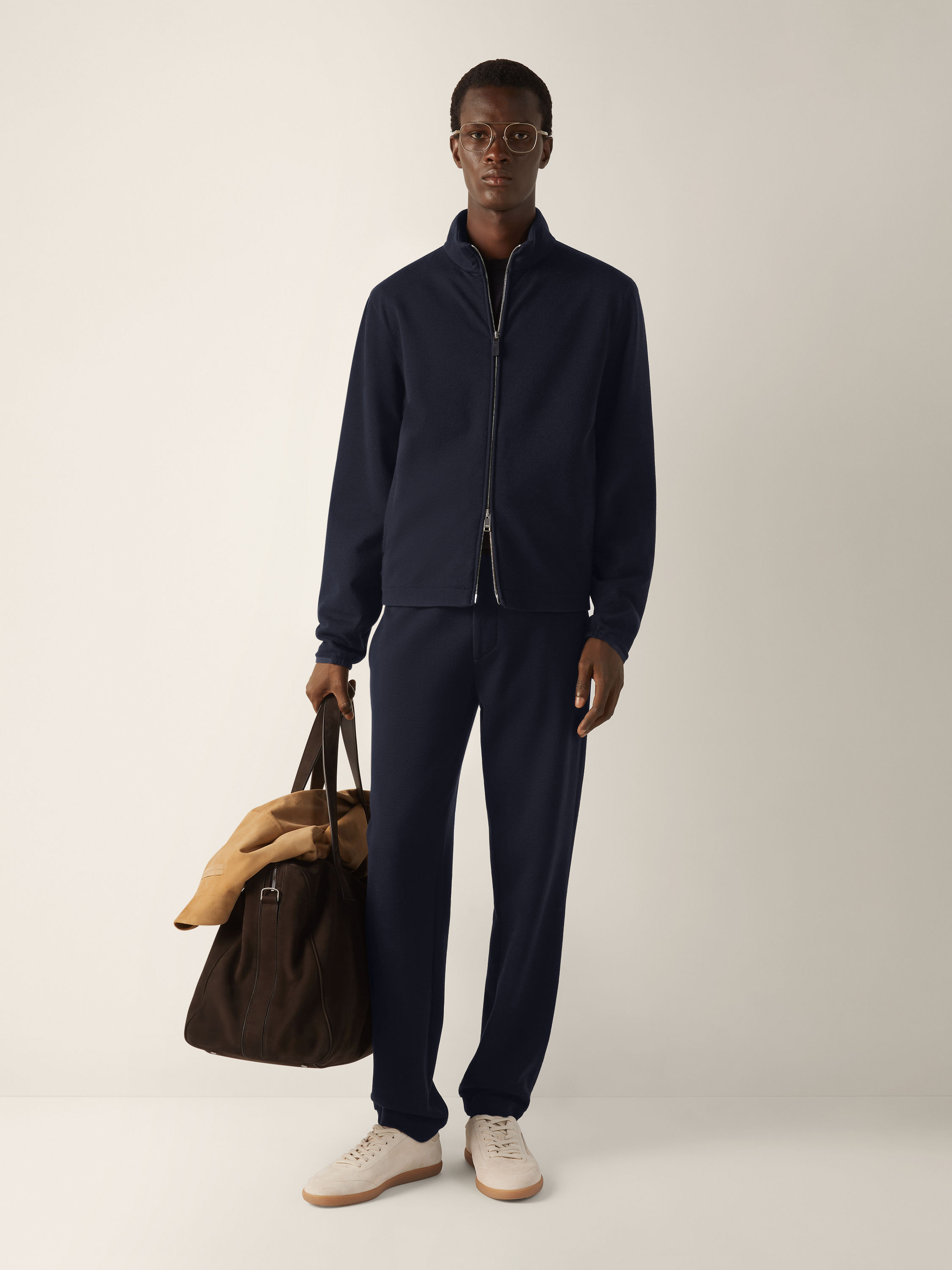 Navy Blue Cotton Wool and Silk Joggers Product detail photo #2