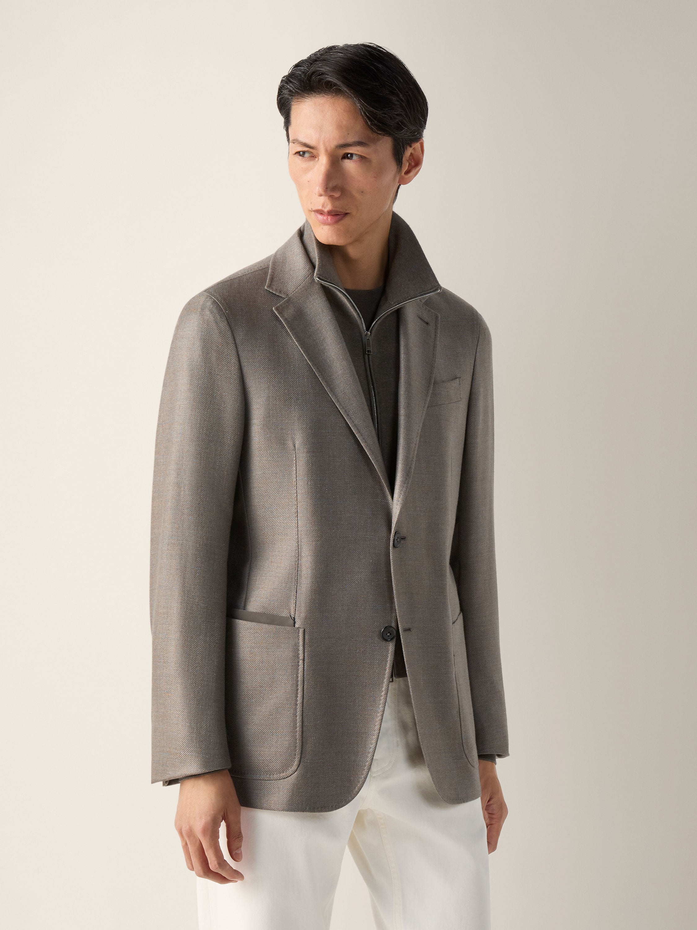 Dark Taupe Mélange Cashmere Silk and Linen Jacket Product detail photo #3