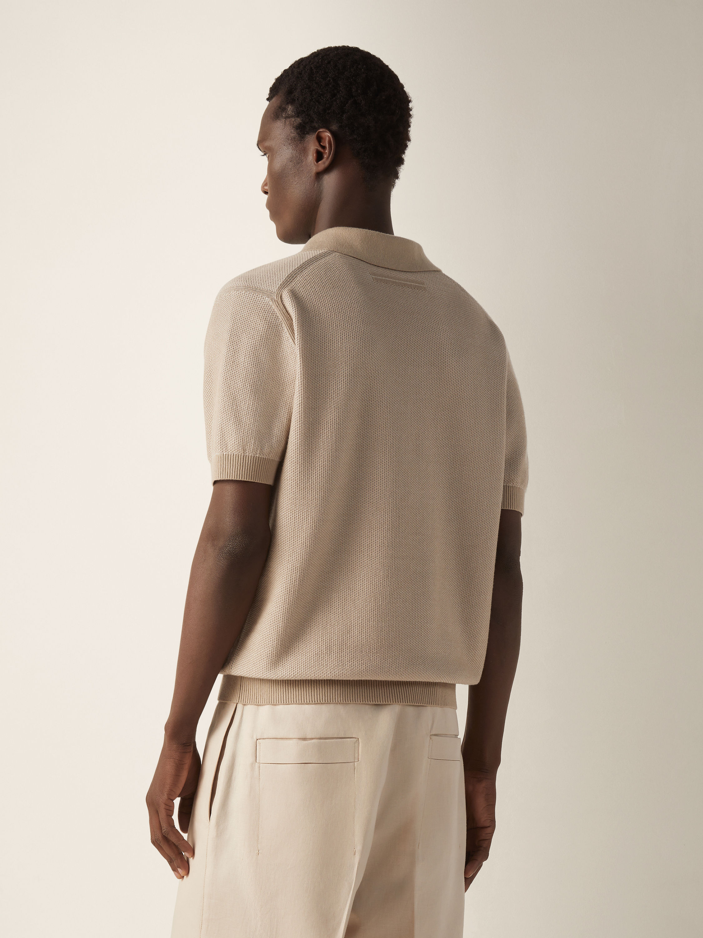 Ivory and Light Taupe Cotton Polo Shirt Product detail photo #4