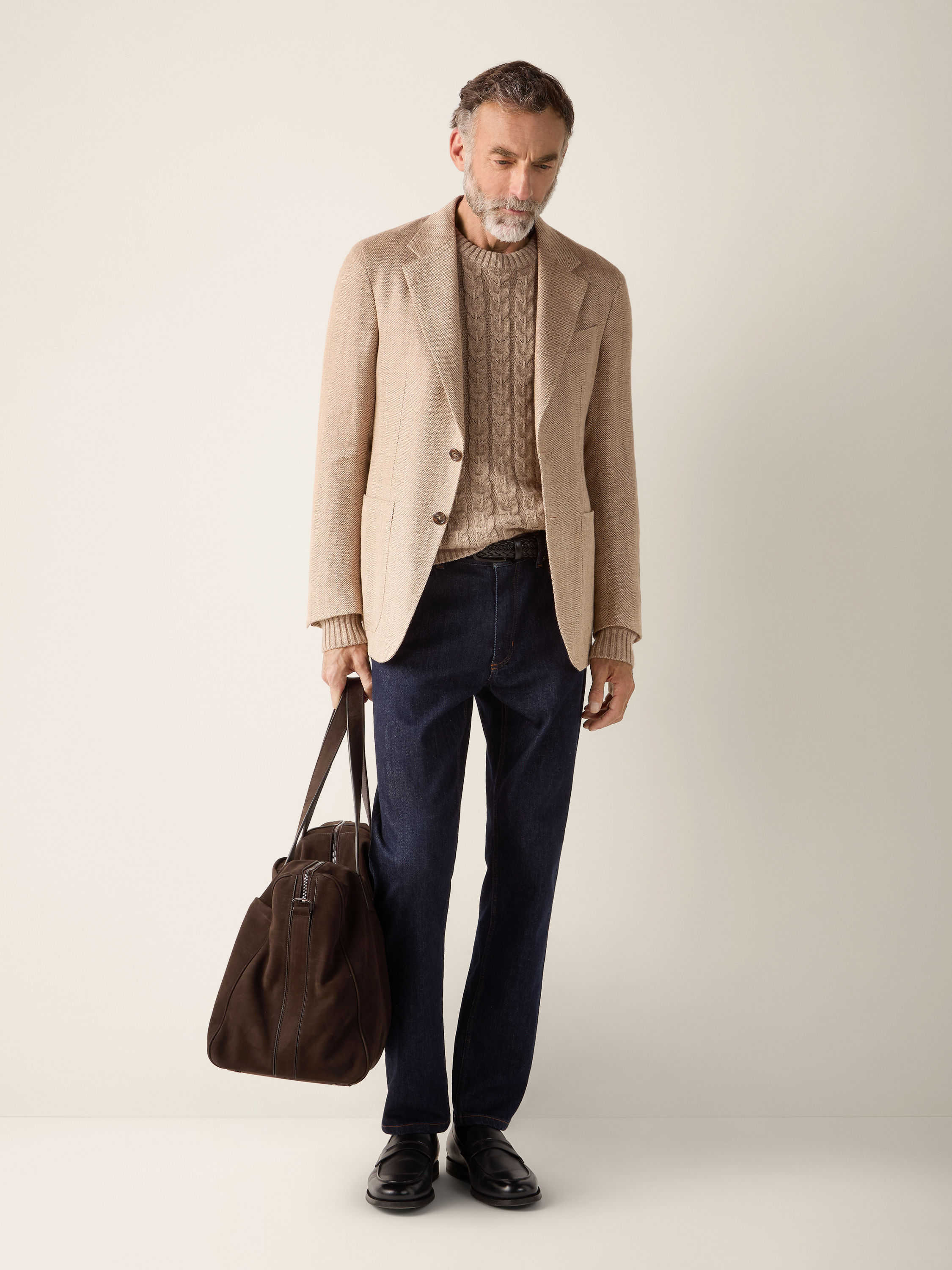 Beige Mélange Linen Cashmere and Silk Crewneck Product detail photo #2