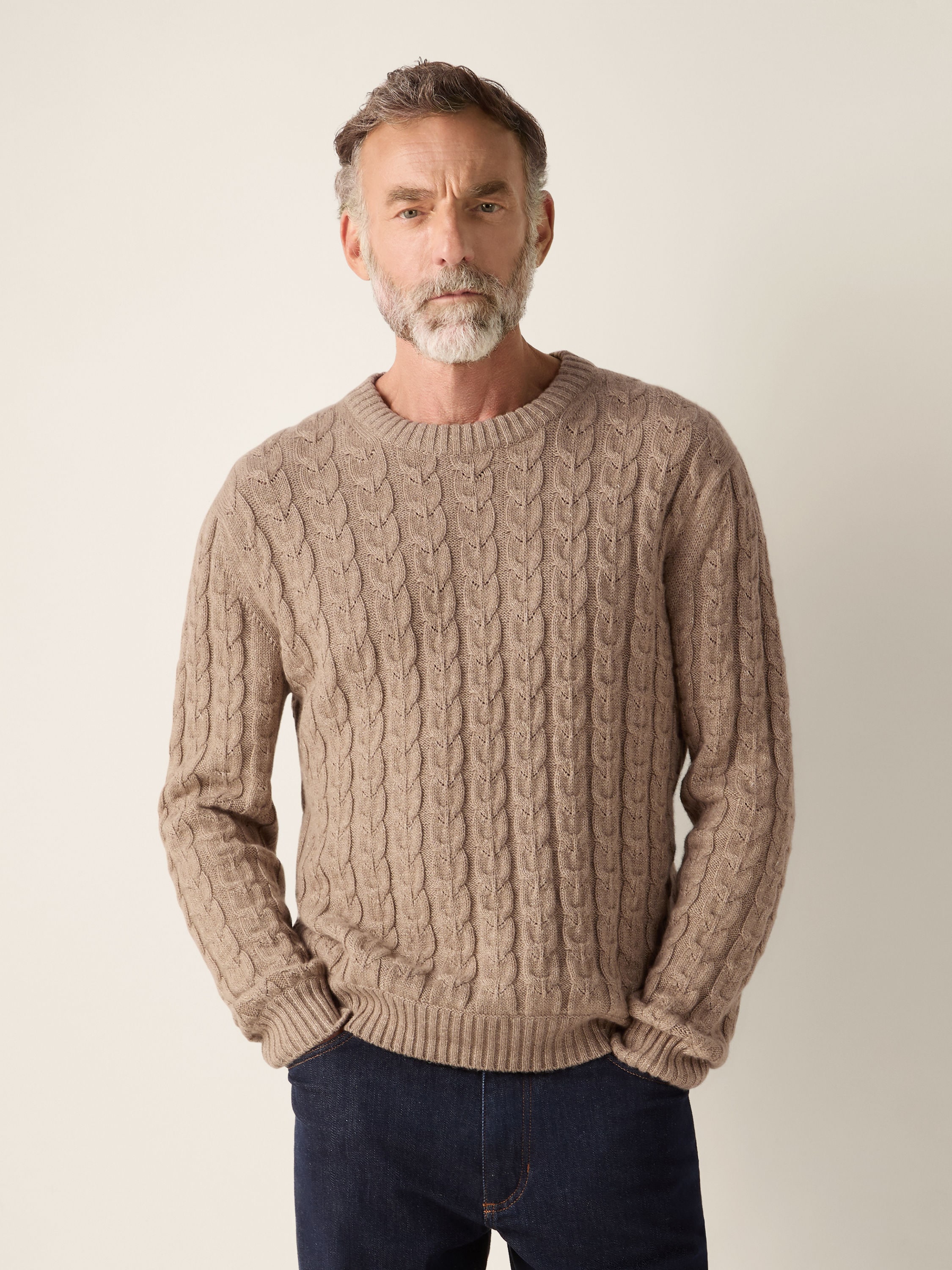 Beige Mélange Linen Cashmere and Silk Crewneck Product detail photo #3