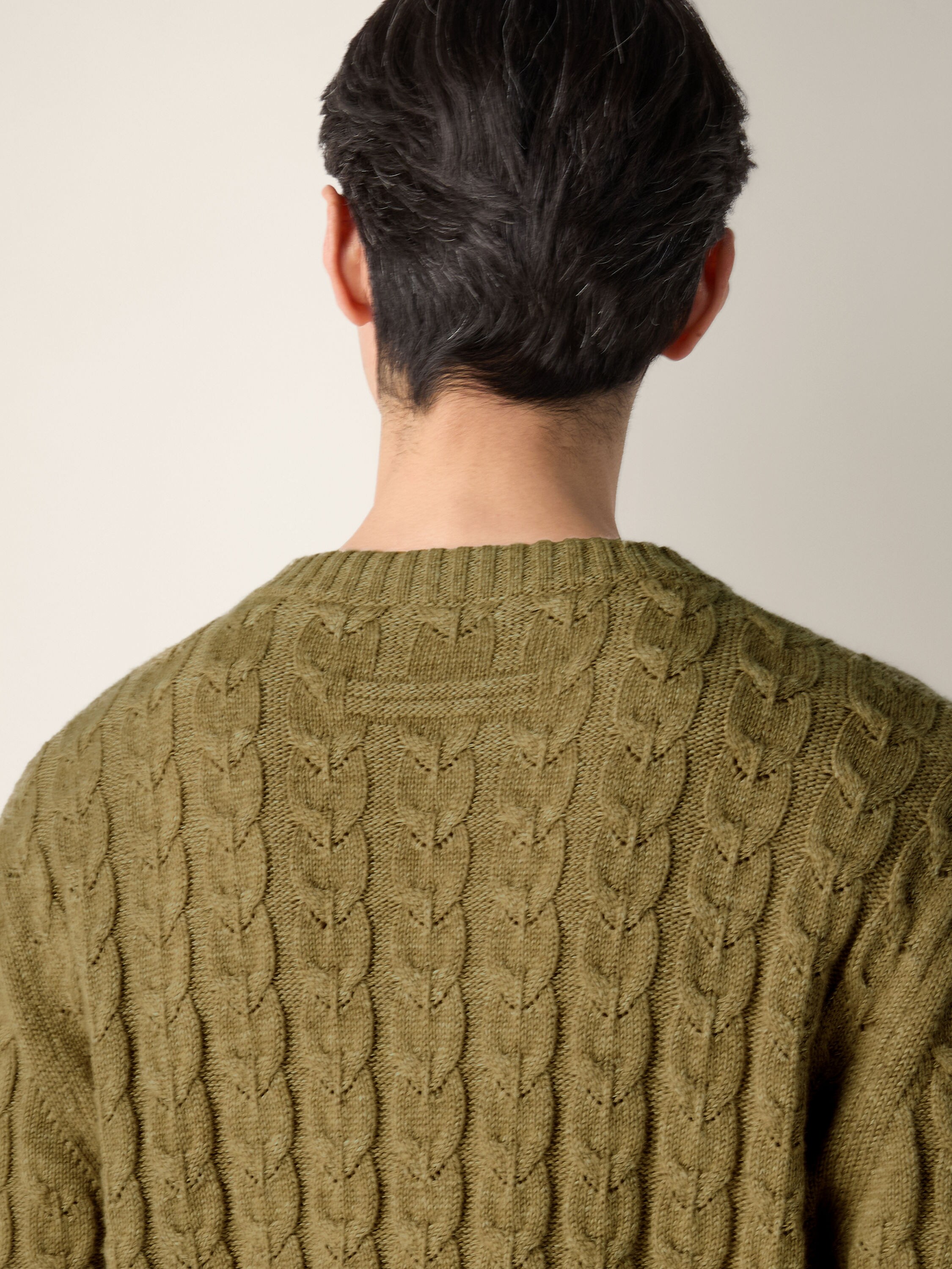 Olive Green Mélange Linen Cashmere and Silk Crewneck Product detail photo #1