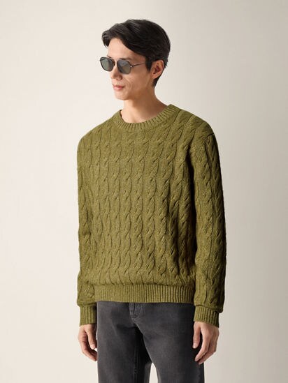 Olive Green Mélange Linen Cashmere and Silk Crewneck SS26 37585857