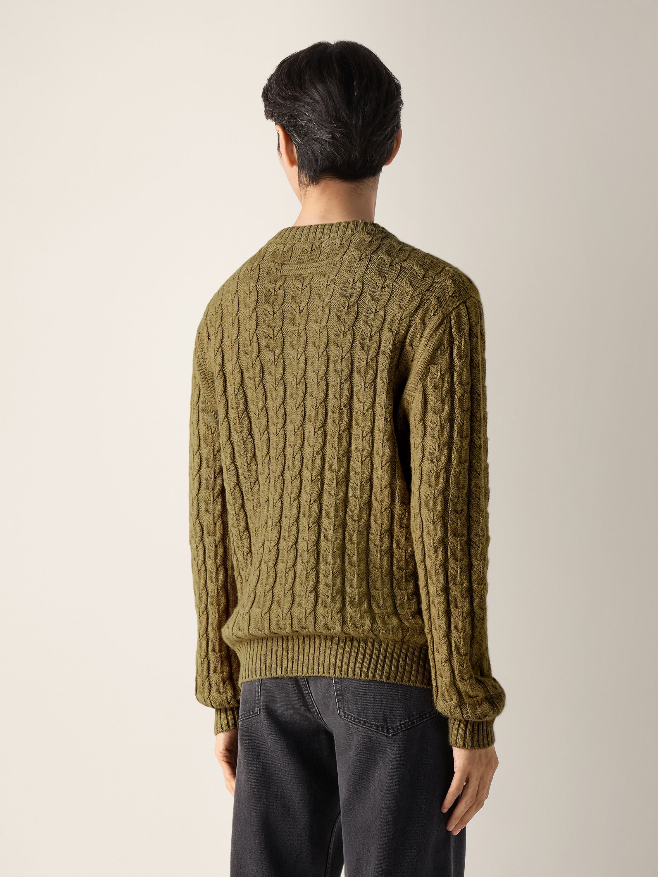 Olive Green Mélange Linen Cashmere and Silk Crewneck Product detail photo #4