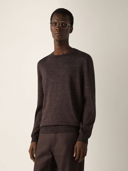 Dark Brown Mélange Silk Cashmere and Linen Crewneck SS26 37127998