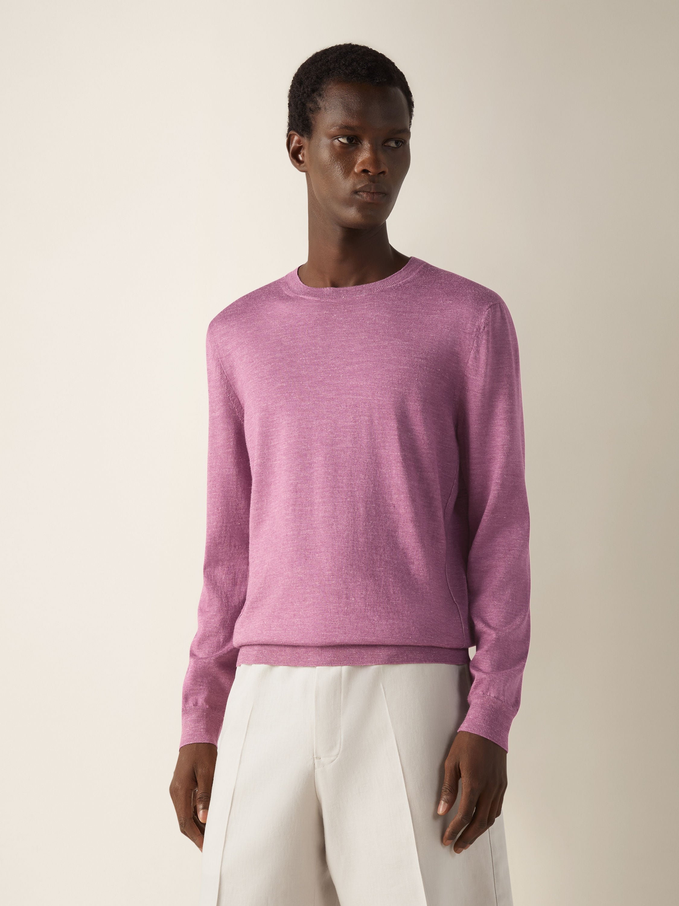 Pink Mélange Silk Cashmere and Linen Crewneck Product detail photo #2