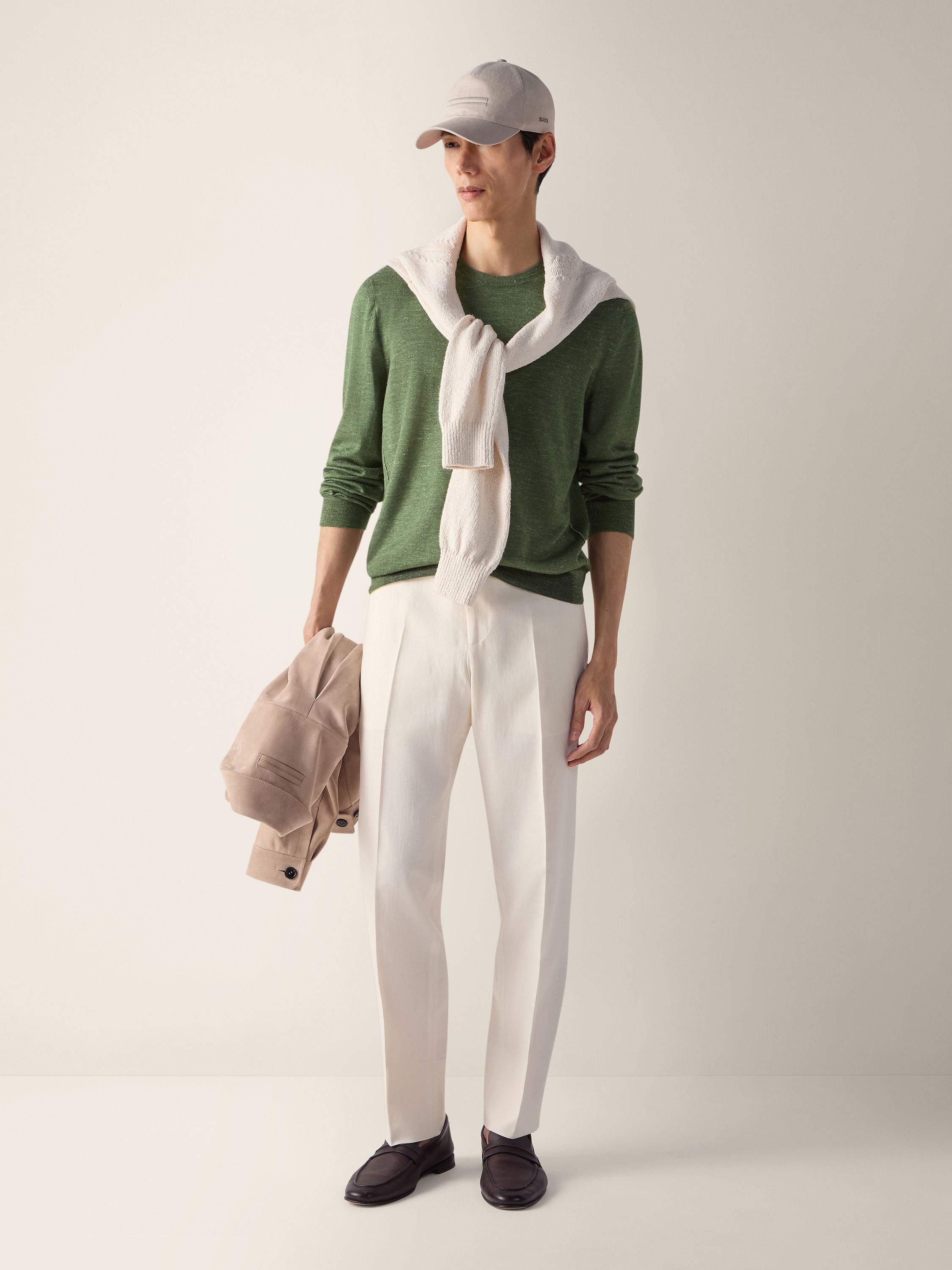 Pine Green Mélange Silk Cashmere and Linen Crewneck Product detail photo #2
