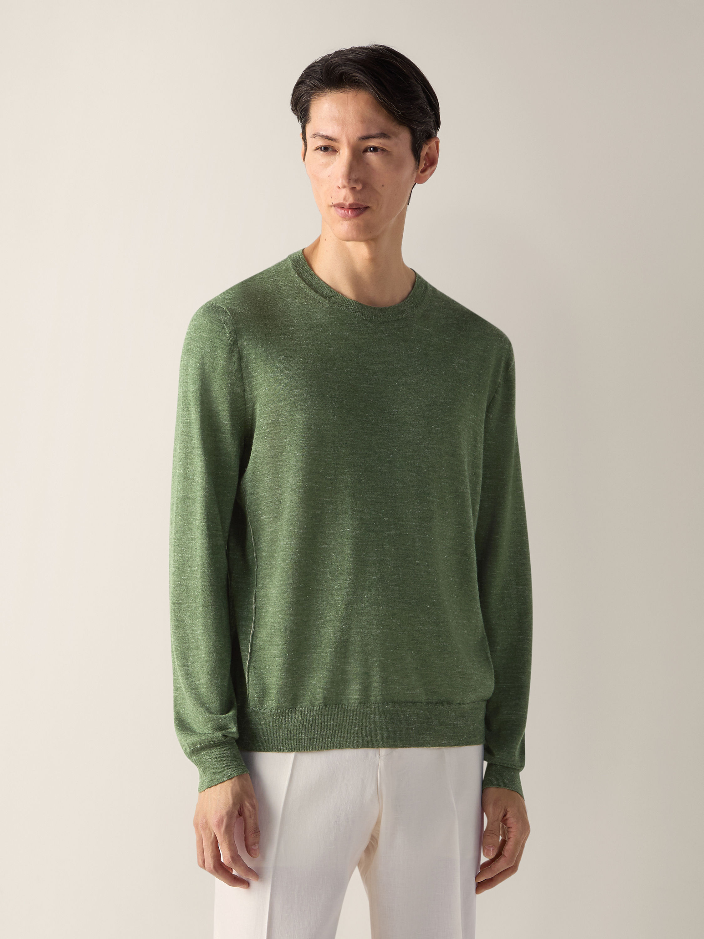 Pine Green Mélange Silk Cashmere and Linen Crewneck Product detail photo #3