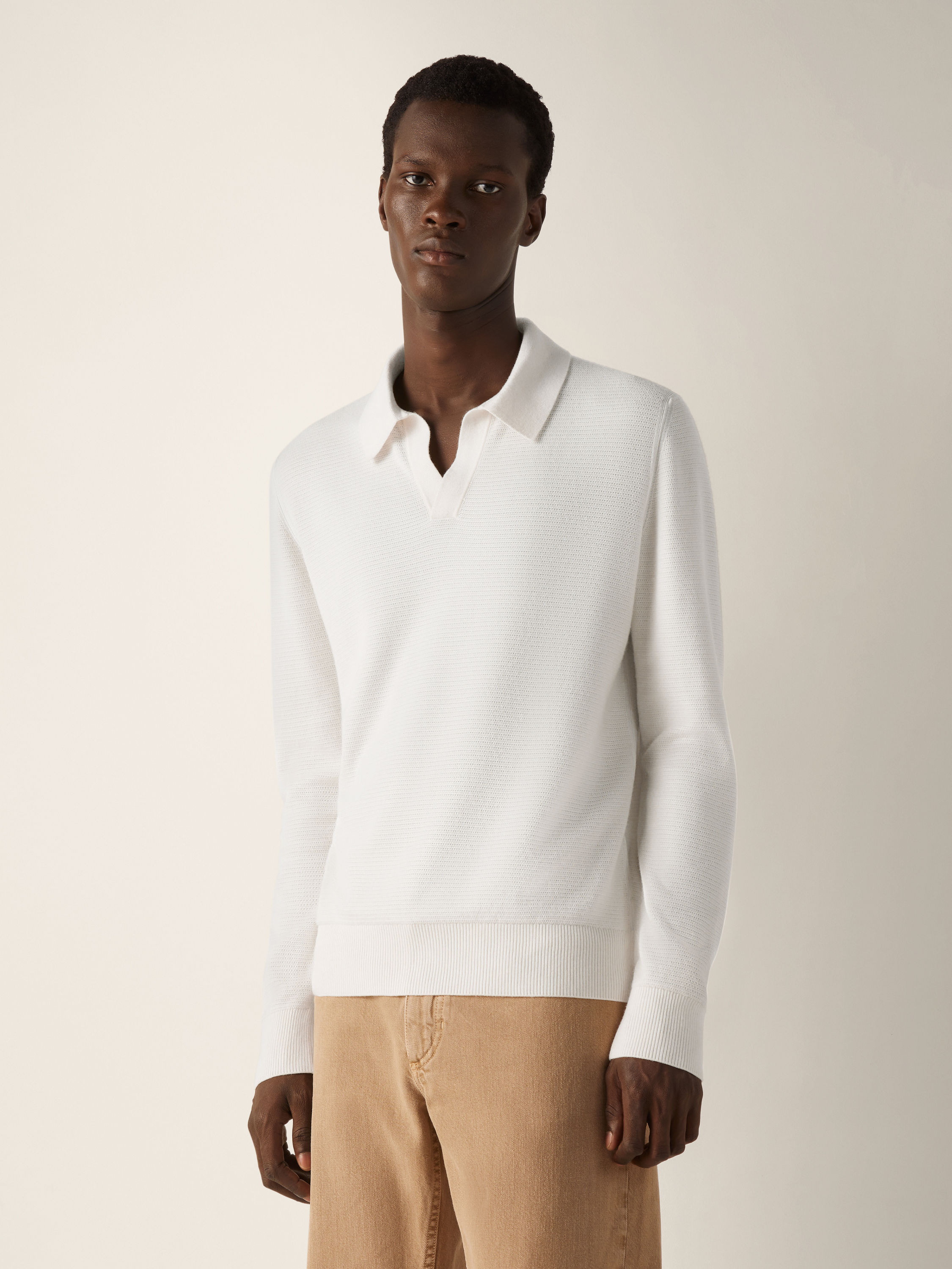White Mélange Cashmere and Silk Polo Shirt Product detail photo #2