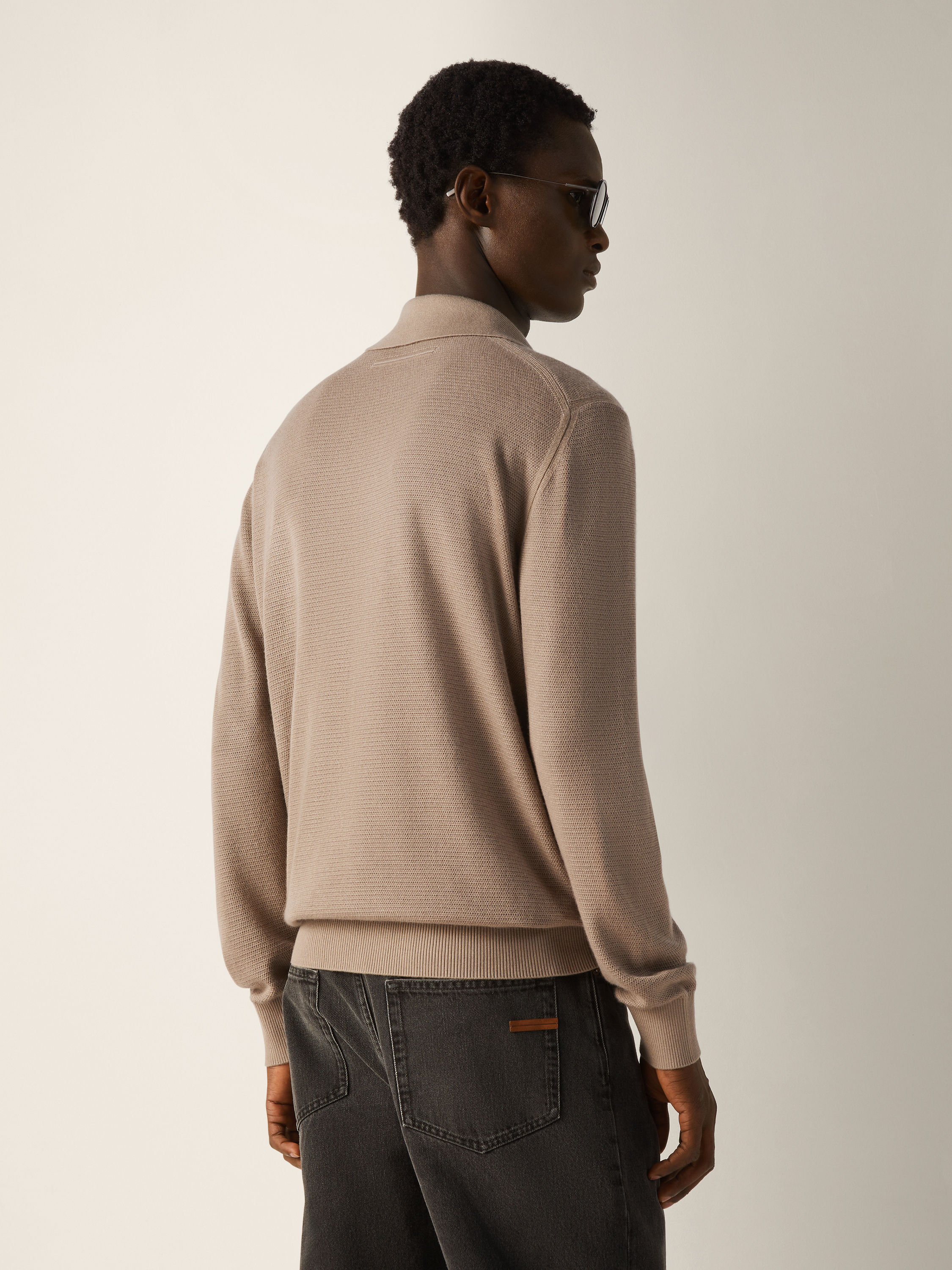 Light Taupe Mélange Cashmere and Silk Polo Shirt Product detail photo #5