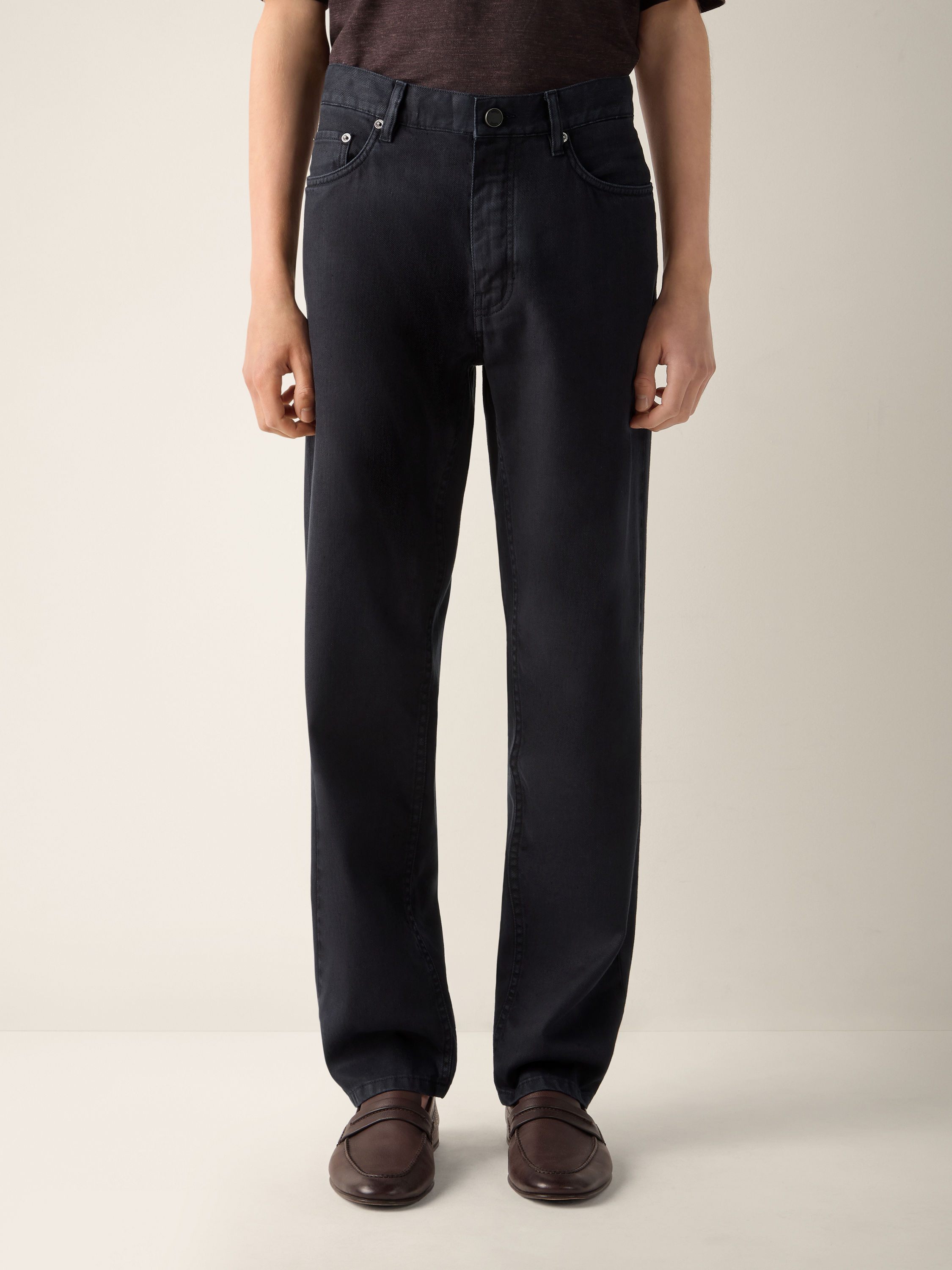 Navy Blue Stretch Cotton and Linen Roccia Pants Product detail photo #3