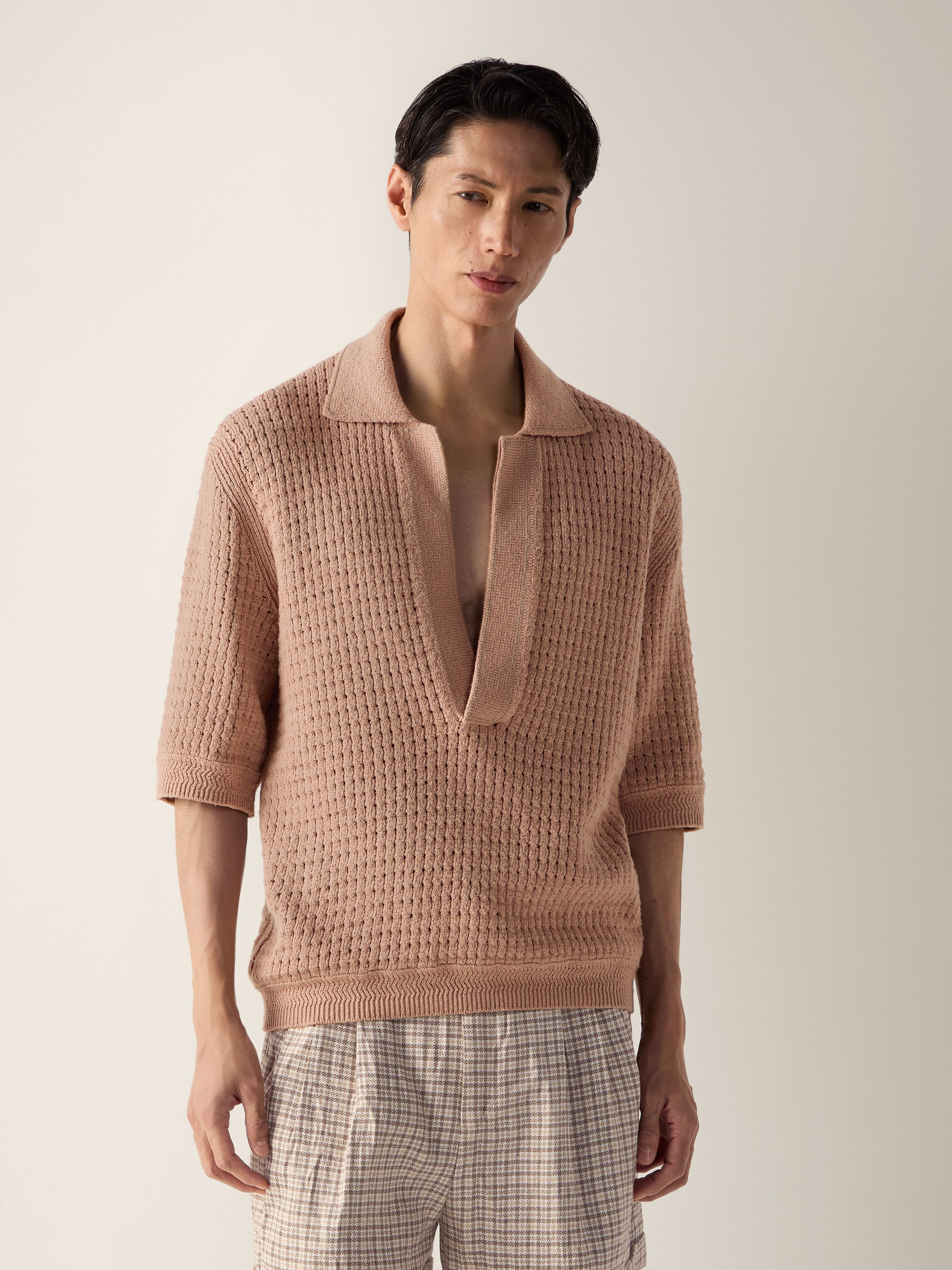 Beige Cotton and Linen Polo Shirt Product detail photo #3