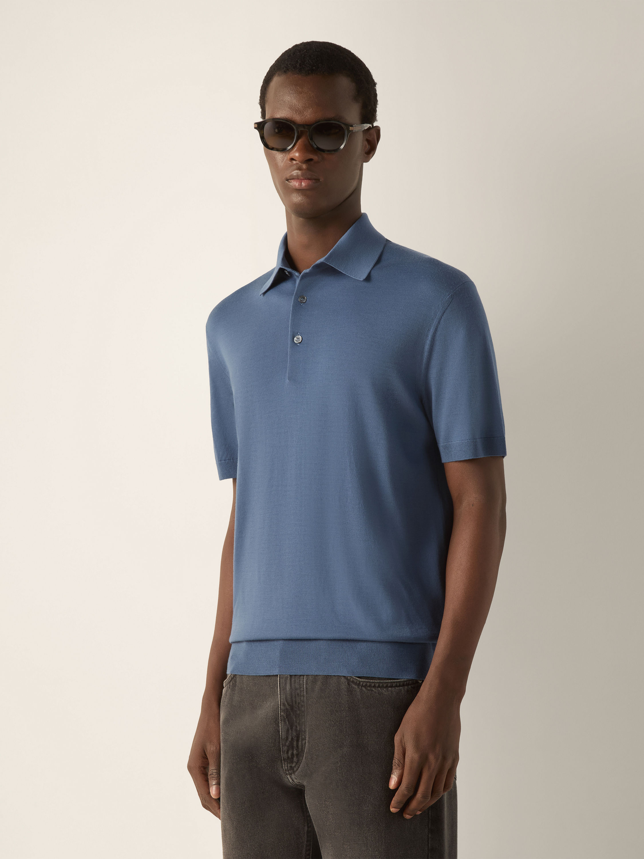 Light Blue Mélange Trofeo 15milmil15 Wool Polo Shirt Product detail photo #2
