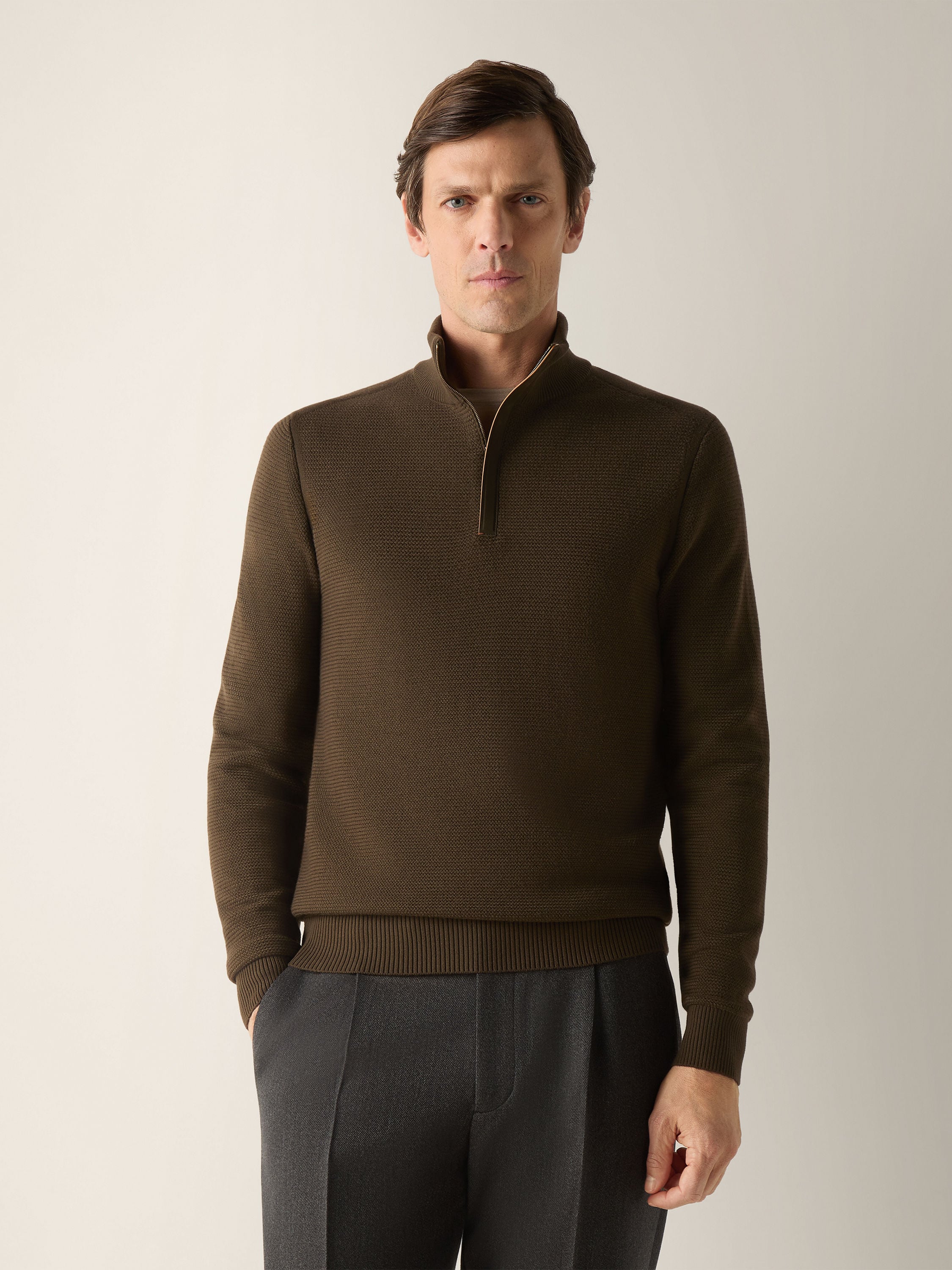 Dark Olive Green Vellus Aureum Zip Mock Neck Sweater Product detail photo #3