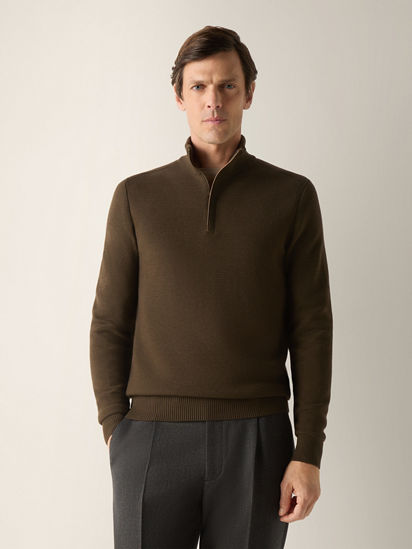 Dark Olive Green Vellus Aureum Zip Mock Neck Sweater FW26 39323370