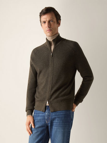 Dark Olive Green and Dark Grey Cashseta Full Zip Cardigan FW26