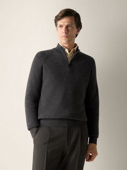 Dark Grey Mélange Oasi Cashmere Zip Mock Sweater FW26 39323403