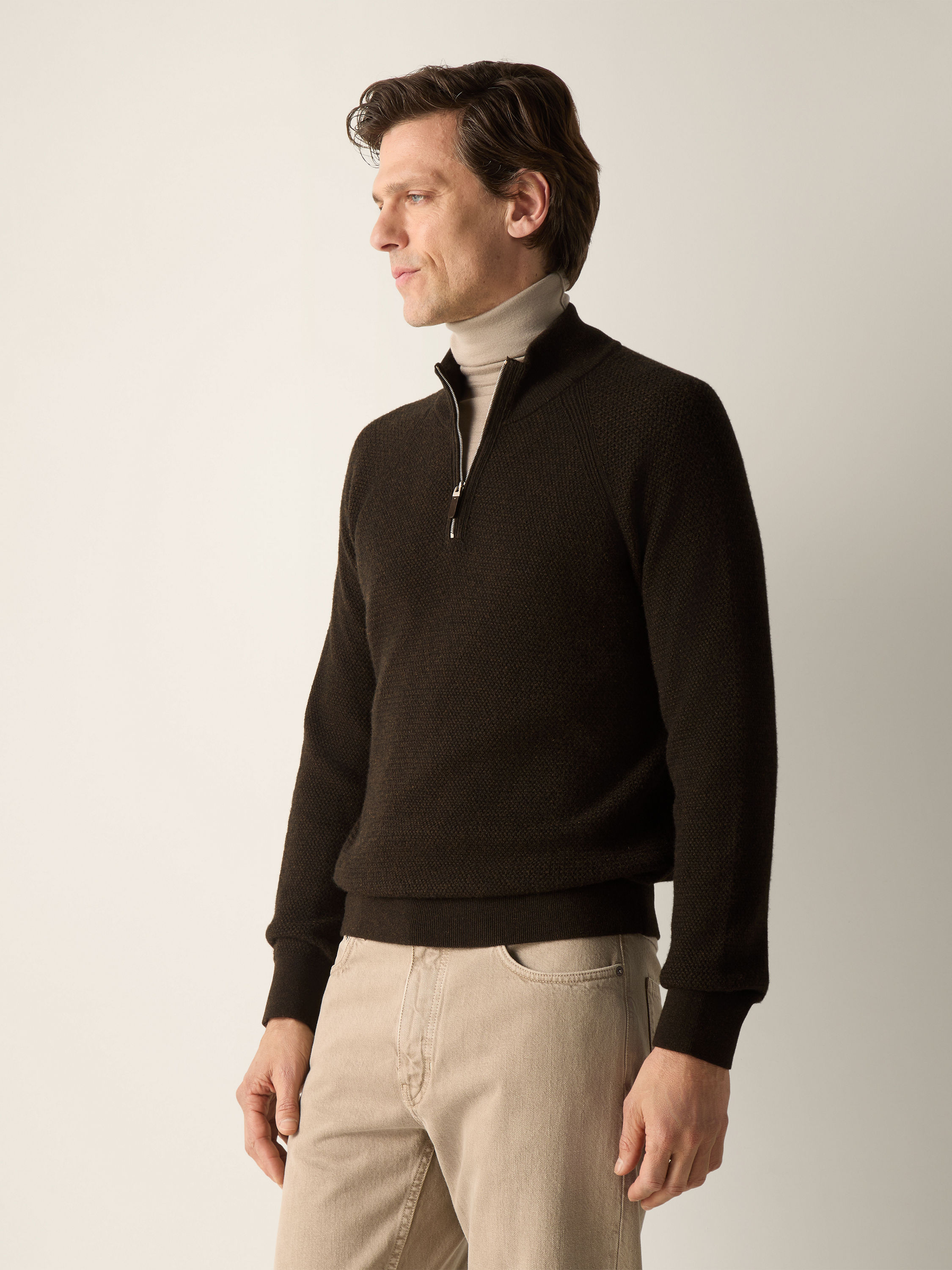 Dark Brown Mélange Oasi Cashmere Zip Mock Sweater Product detail photo #3