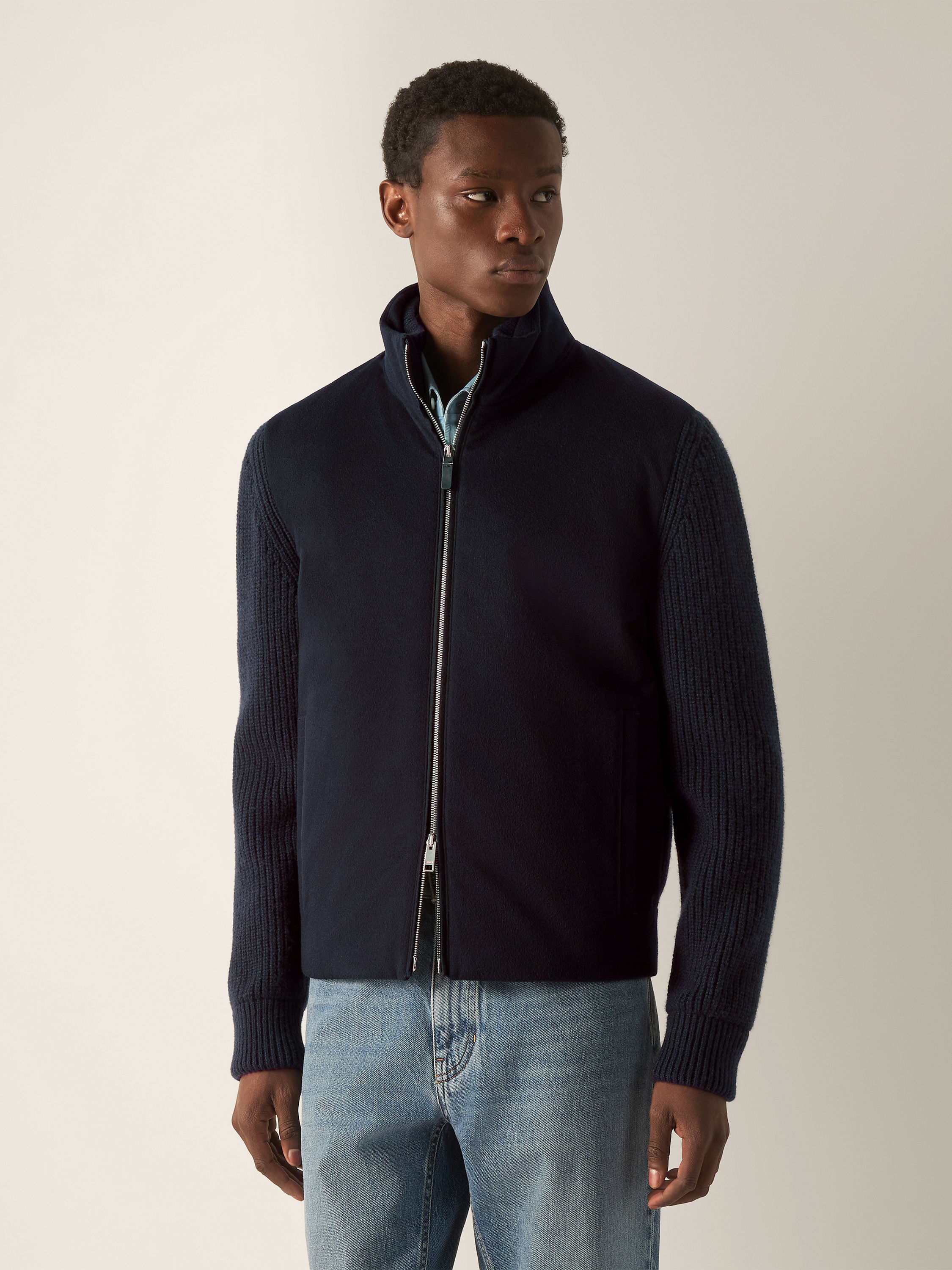 Cardigan con Zip Intera in Oasi Cashmere Blu Navy Foto #3 di dettaglio del prodotto