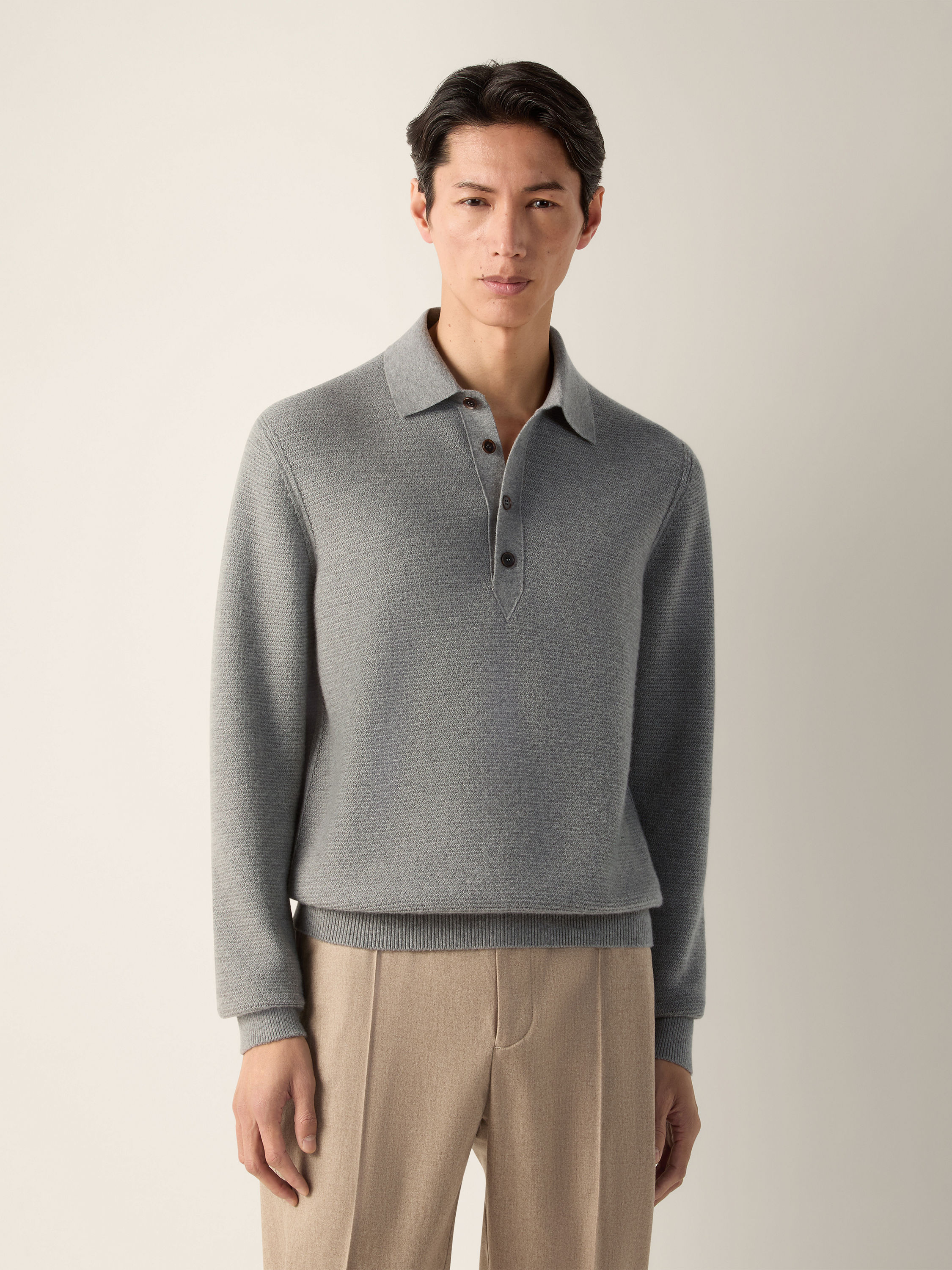 Grey Mélange Oasi Cashmere Polo Shirt Product detail photo #3