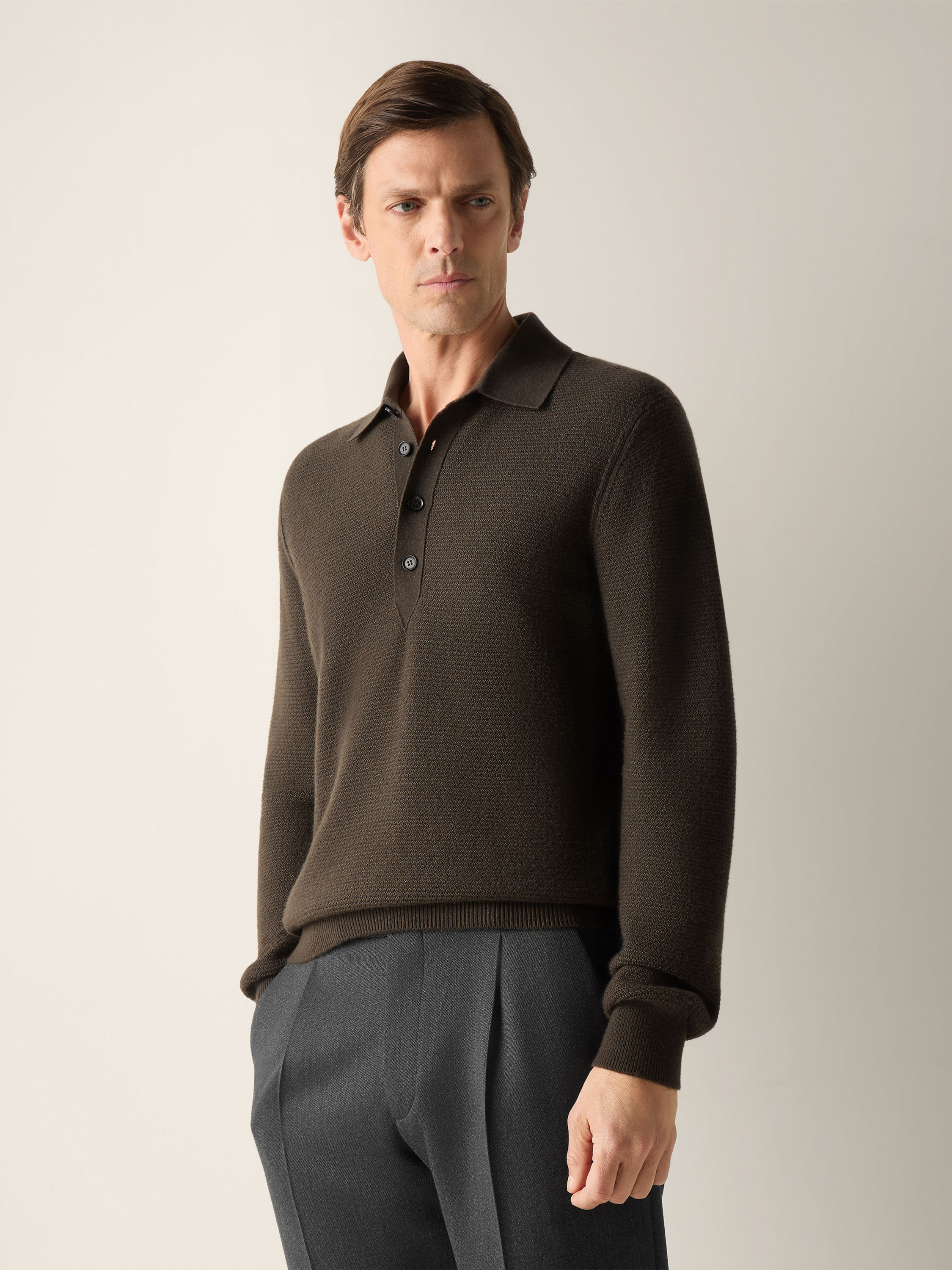 Dark Olive Green Mélange Oasi Cashmere Polo Shirt Product detail photo #3
