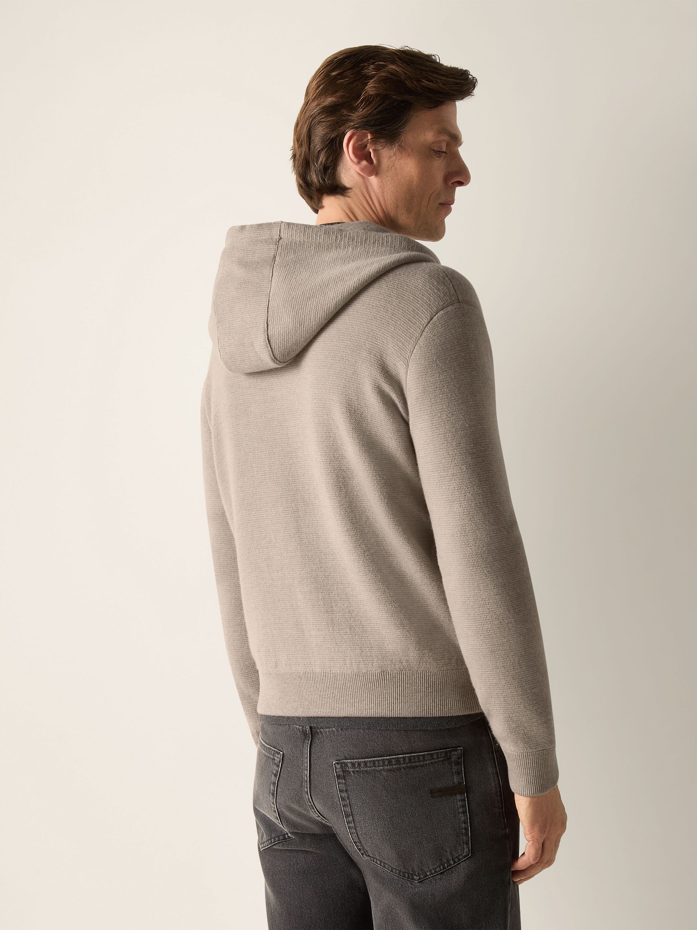 Light Taupe Mélange Cashmere and Cotton Full Zip Hoodie Product detail photo #5